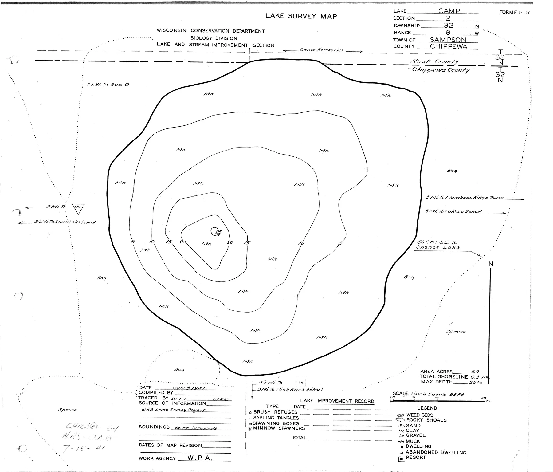 Camp Lake historical Wisconsin DNR depth map sheet 1