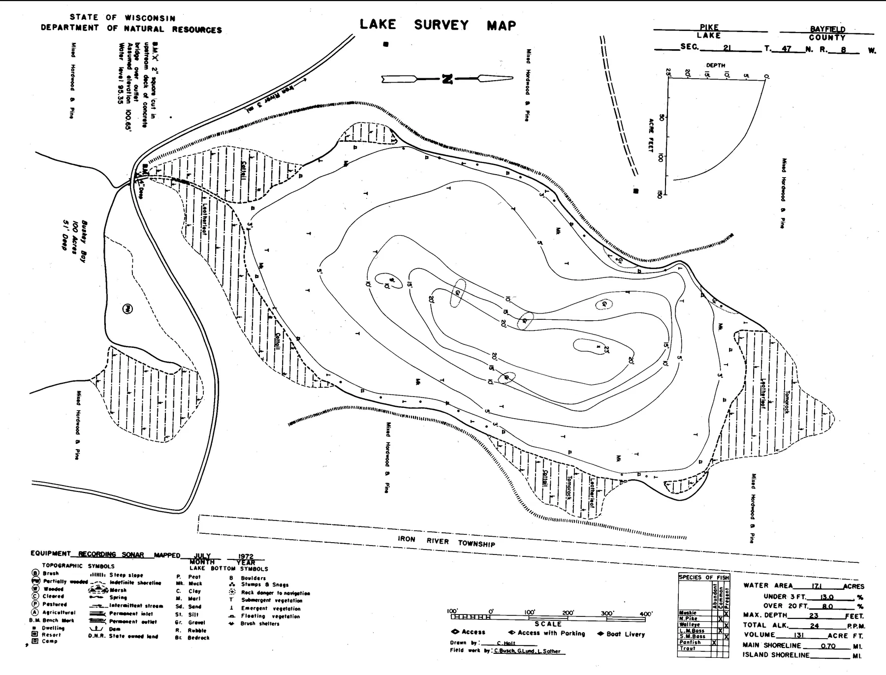 Pike Lake historical Wisconsin DNR depth map sheet 1