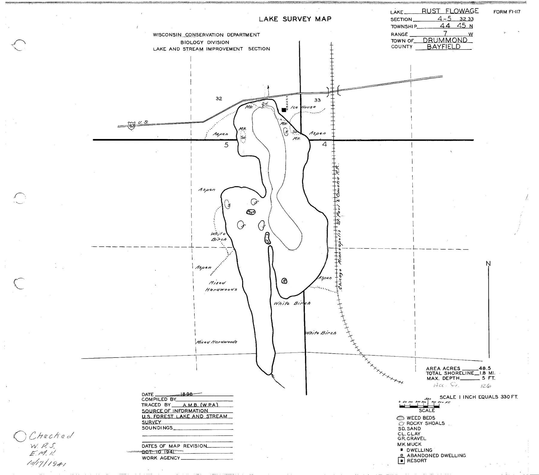 Mill Pond Lake historical Wisconsin DNR depth map sheet 1