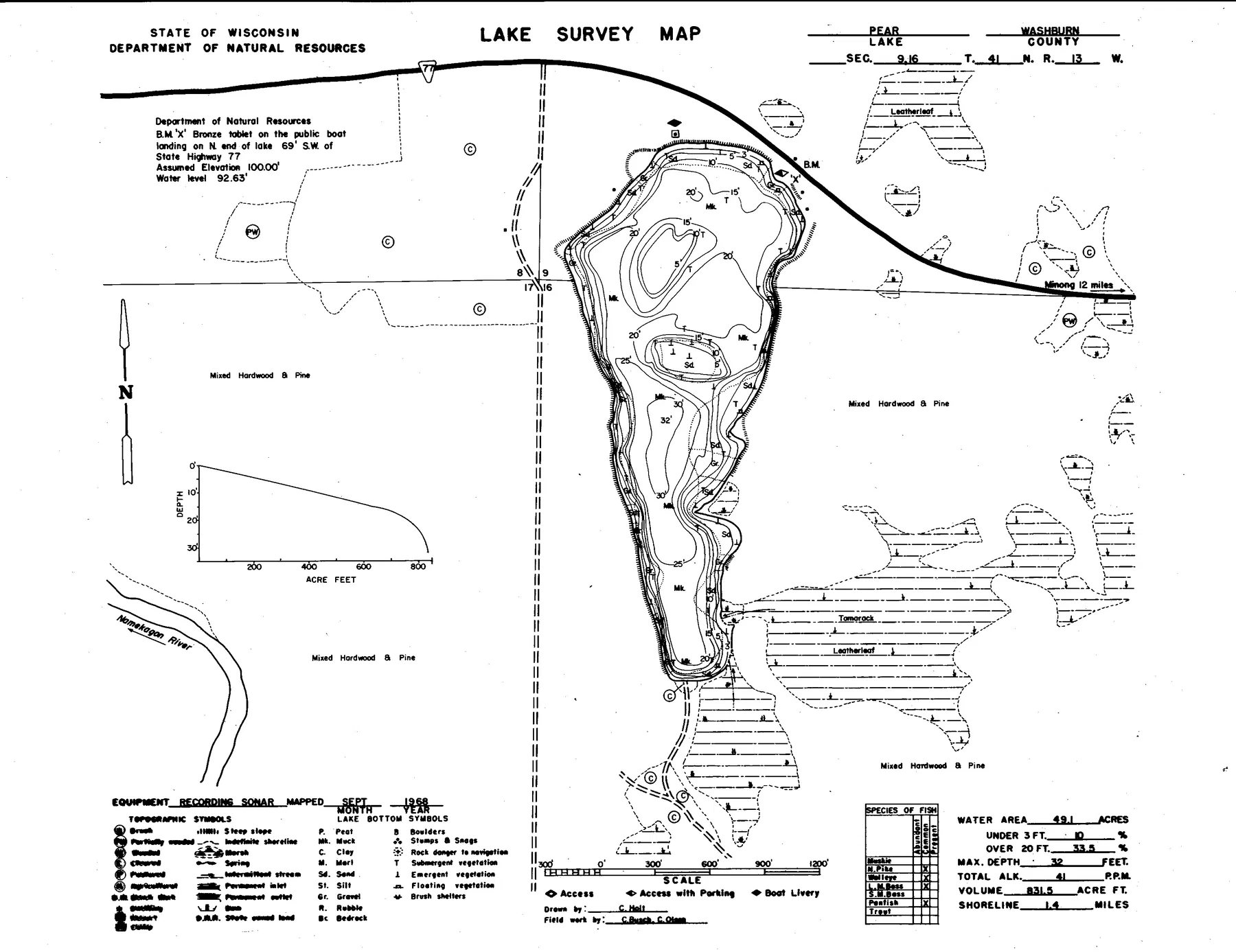 Pear Lake historical Wisconsin DNR depth map sheet 1