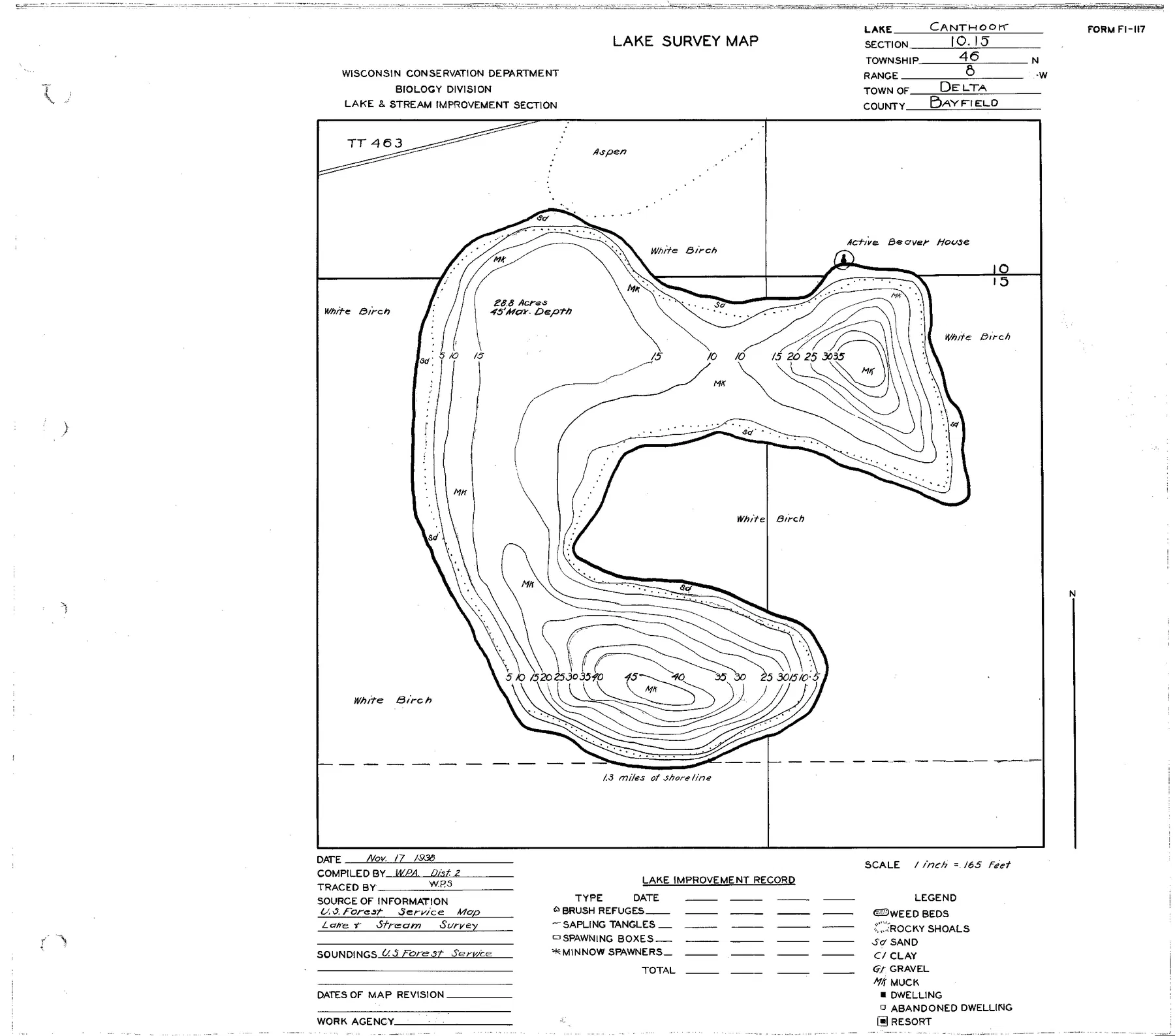 Canthook Lake historical Wisconsin DNR depth map sheet 1