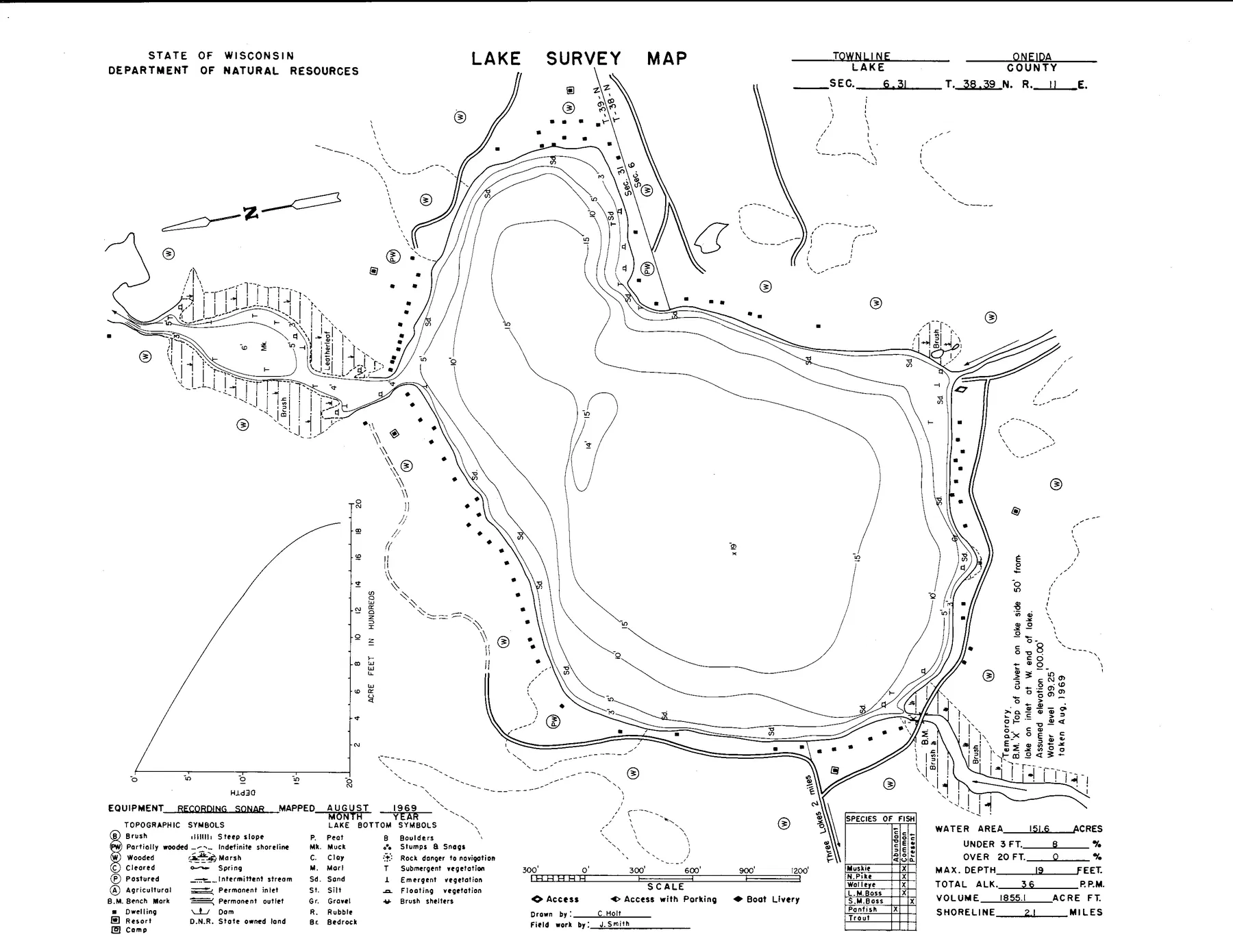 Townline Lake historical Wisconsin DNR depth map sheet 1