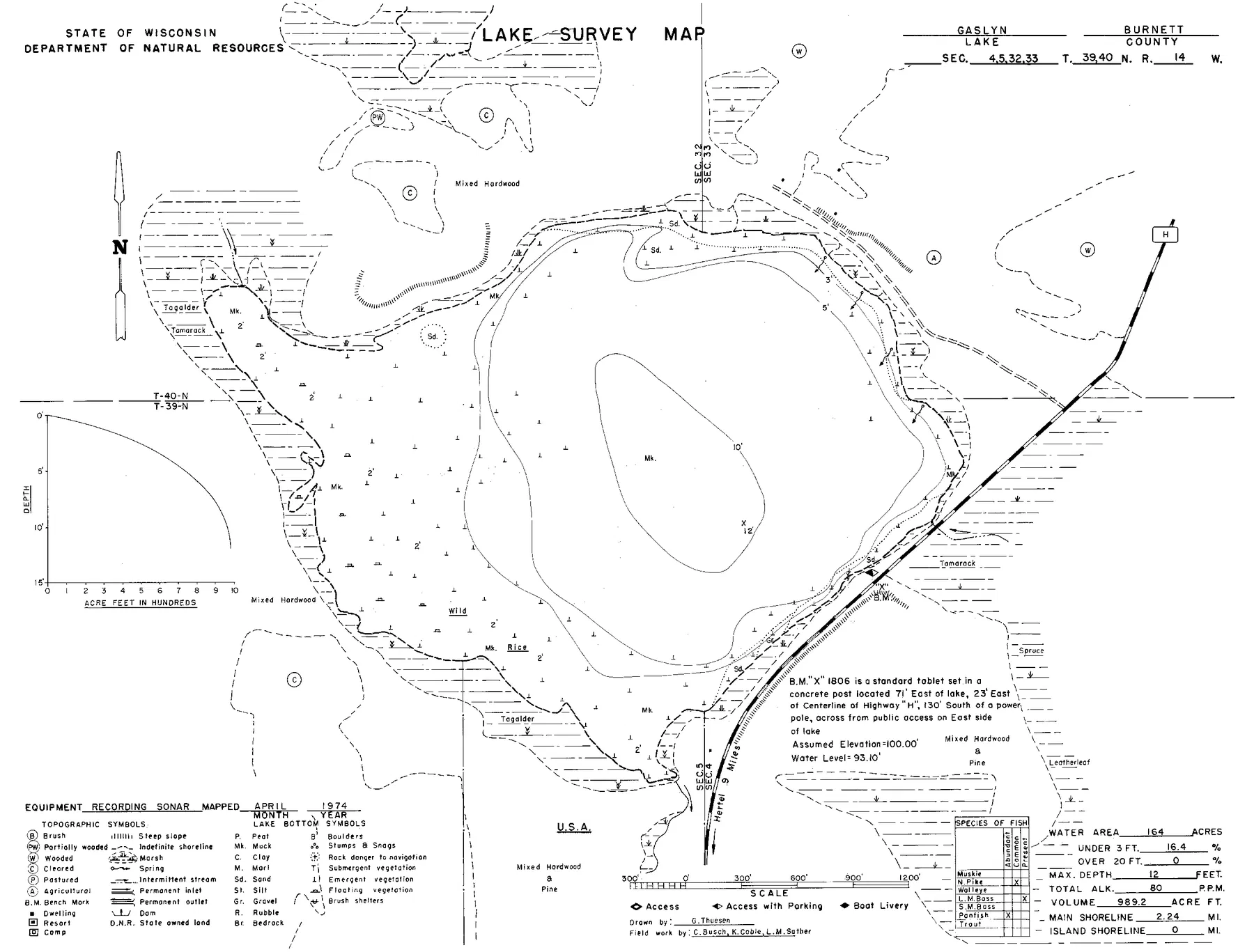 Gaslyn Lake historical Wisconsin DNR depth map sheet 1