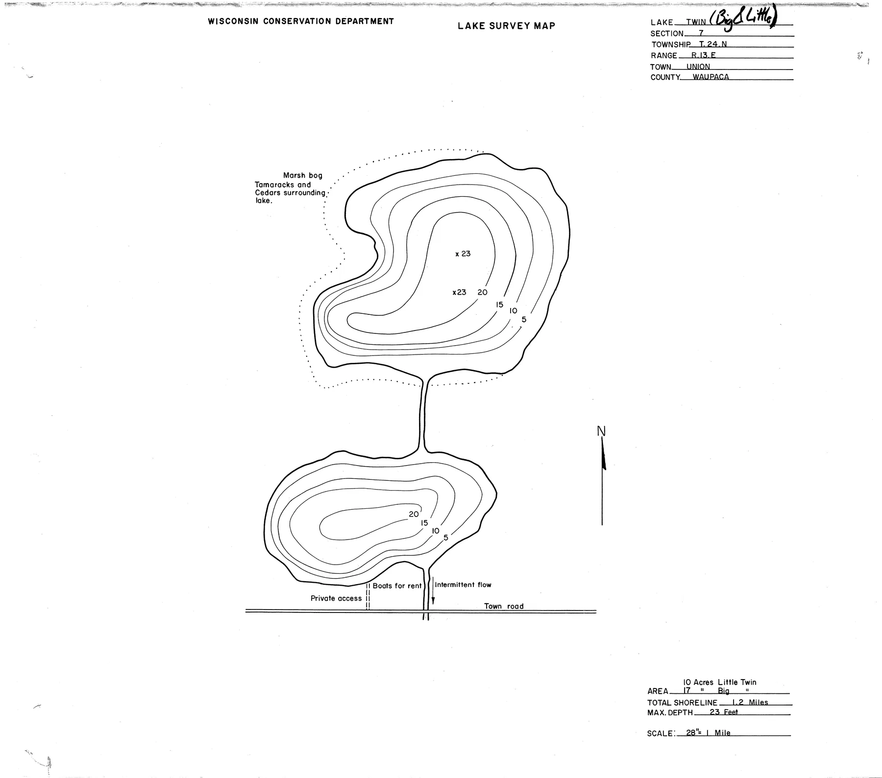 Twin Lake historical Wisconsin DNR depth map sheet 1