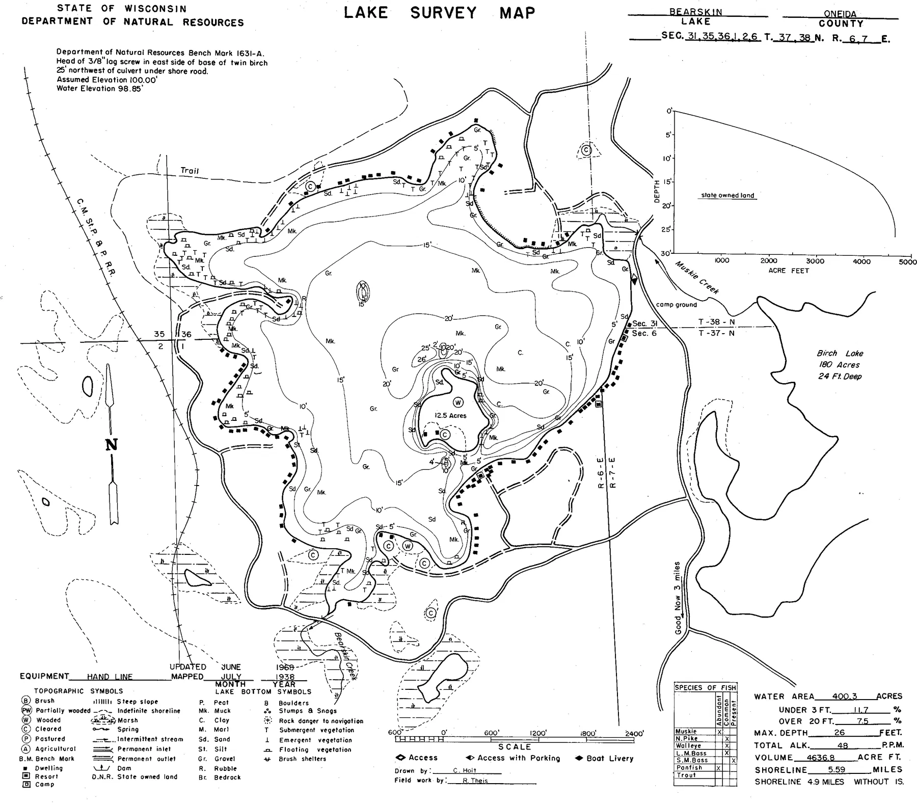 Bearskin Lake historical Wisconsin DNR depth map sheet 1