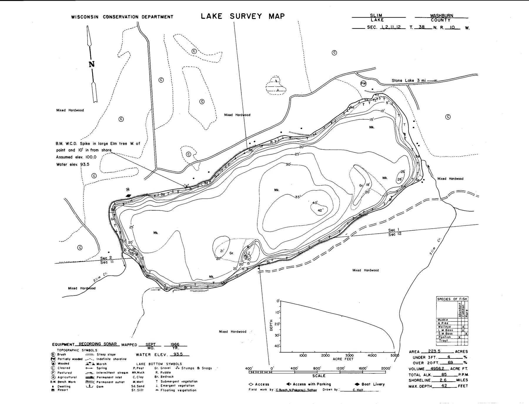 Slim Lake historical Wisconsin DNR depth map sheet 1