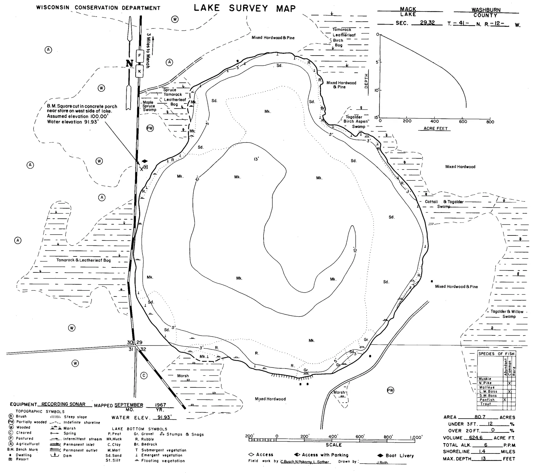 Mack Lake historical Wisconsin DNR depth map sheet 1