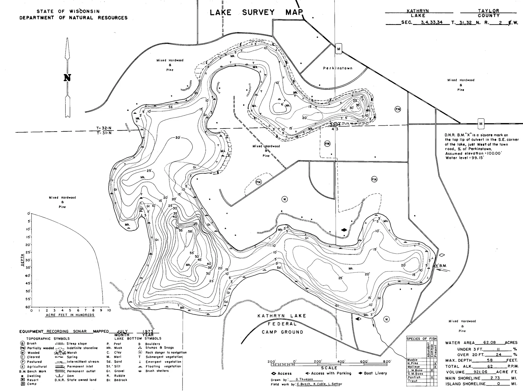 Kathryn Lake historical Wisconsin DNR depth map sheet 1