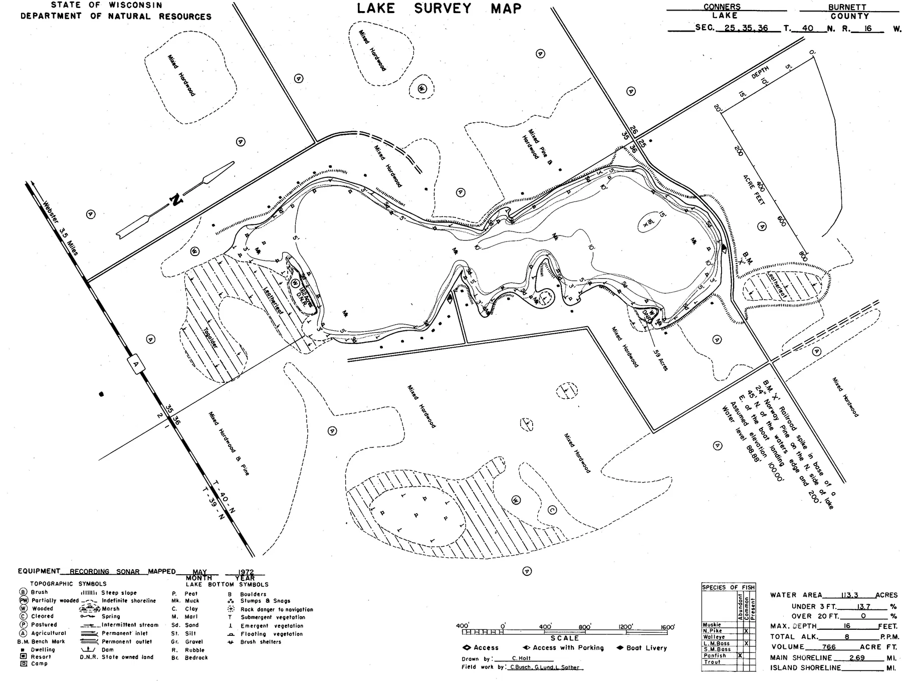Conners Lake historical Wisconsin DNR depth map sheet 1