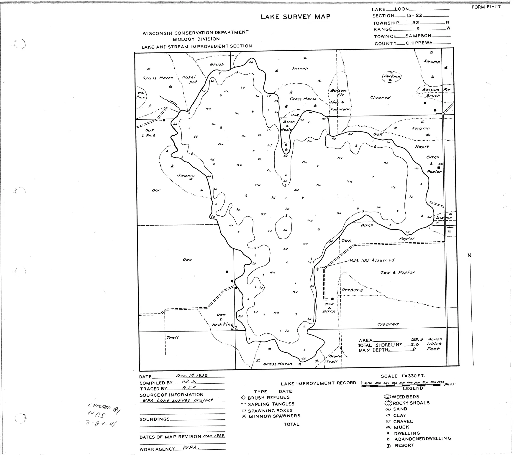 Loon Lake historical Wisconsin DNR depth map sheet 1