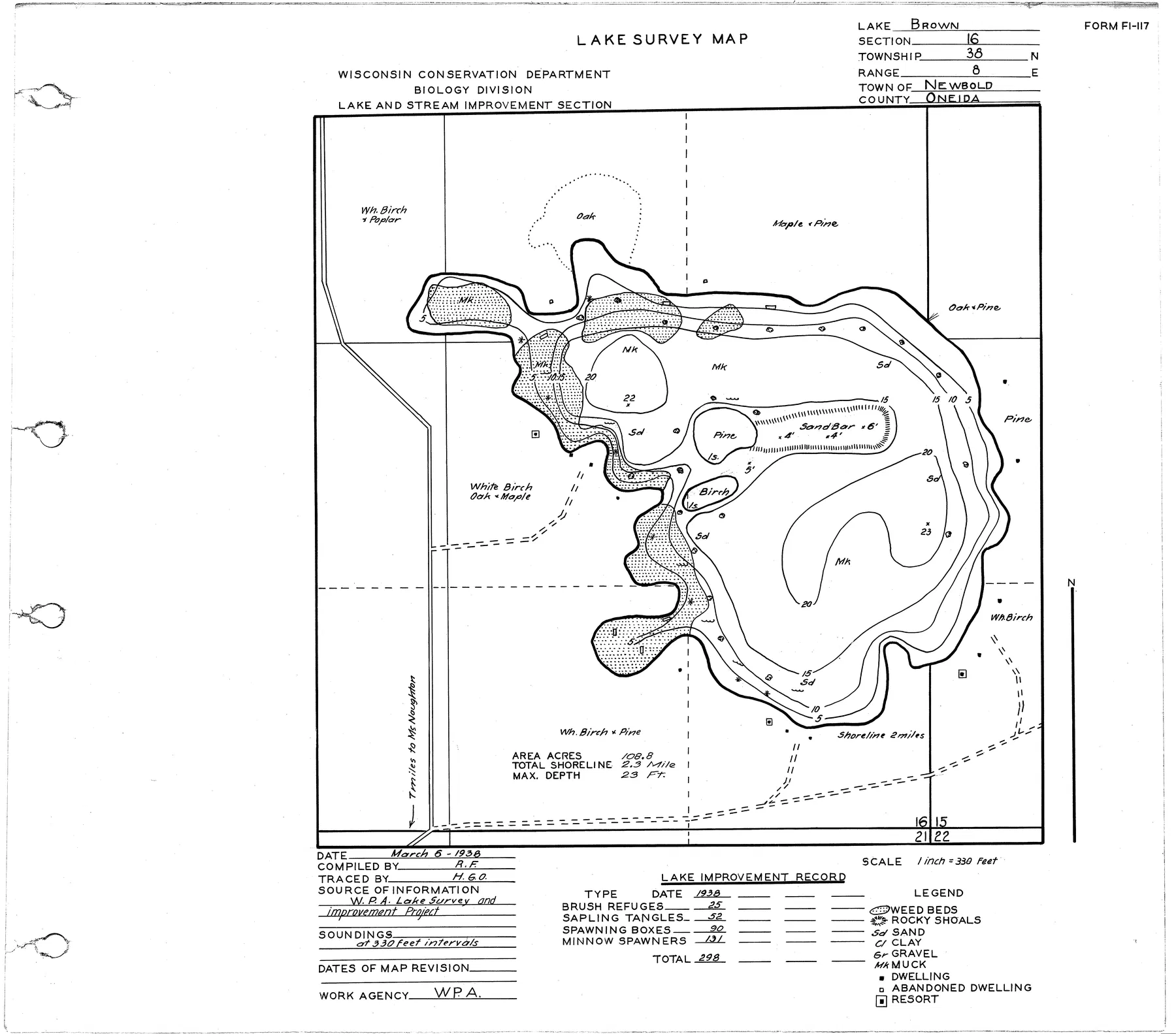 Brown Lake historical Wisconsin DNR depth map sheet 1