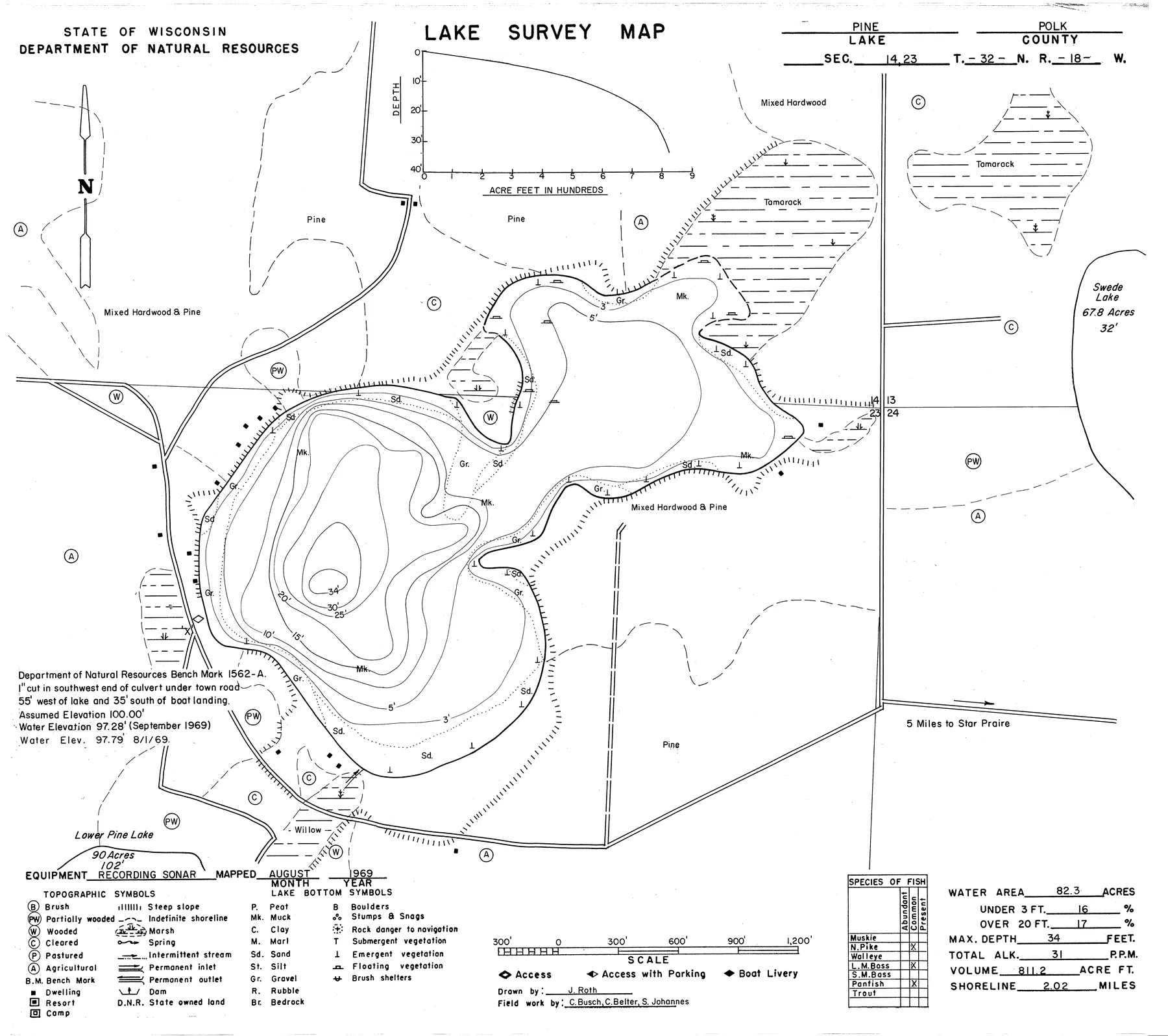 Pine Lake historical Wisconsin DNR depth map sheet 1
