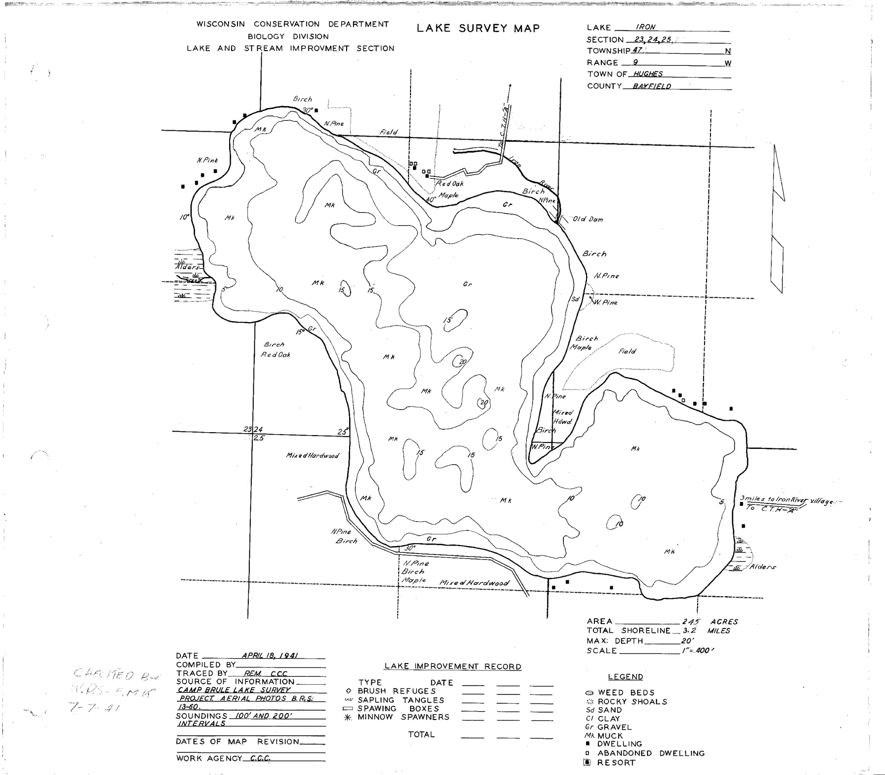 Iron Lake historical Wisconsin DNR depth map sheet 1