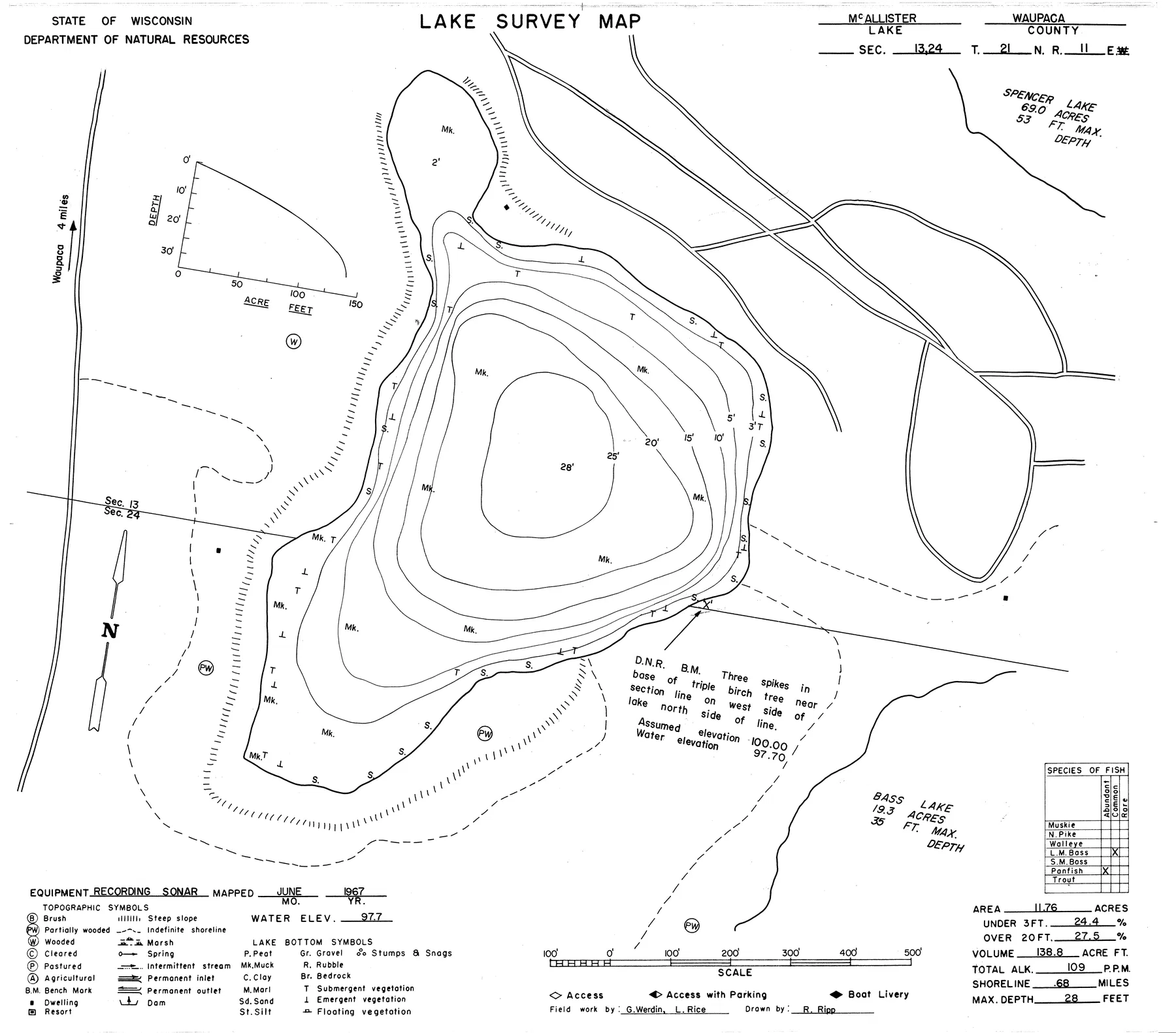 McAllister Lake historical Wisconsin DNR depth map sheet 1