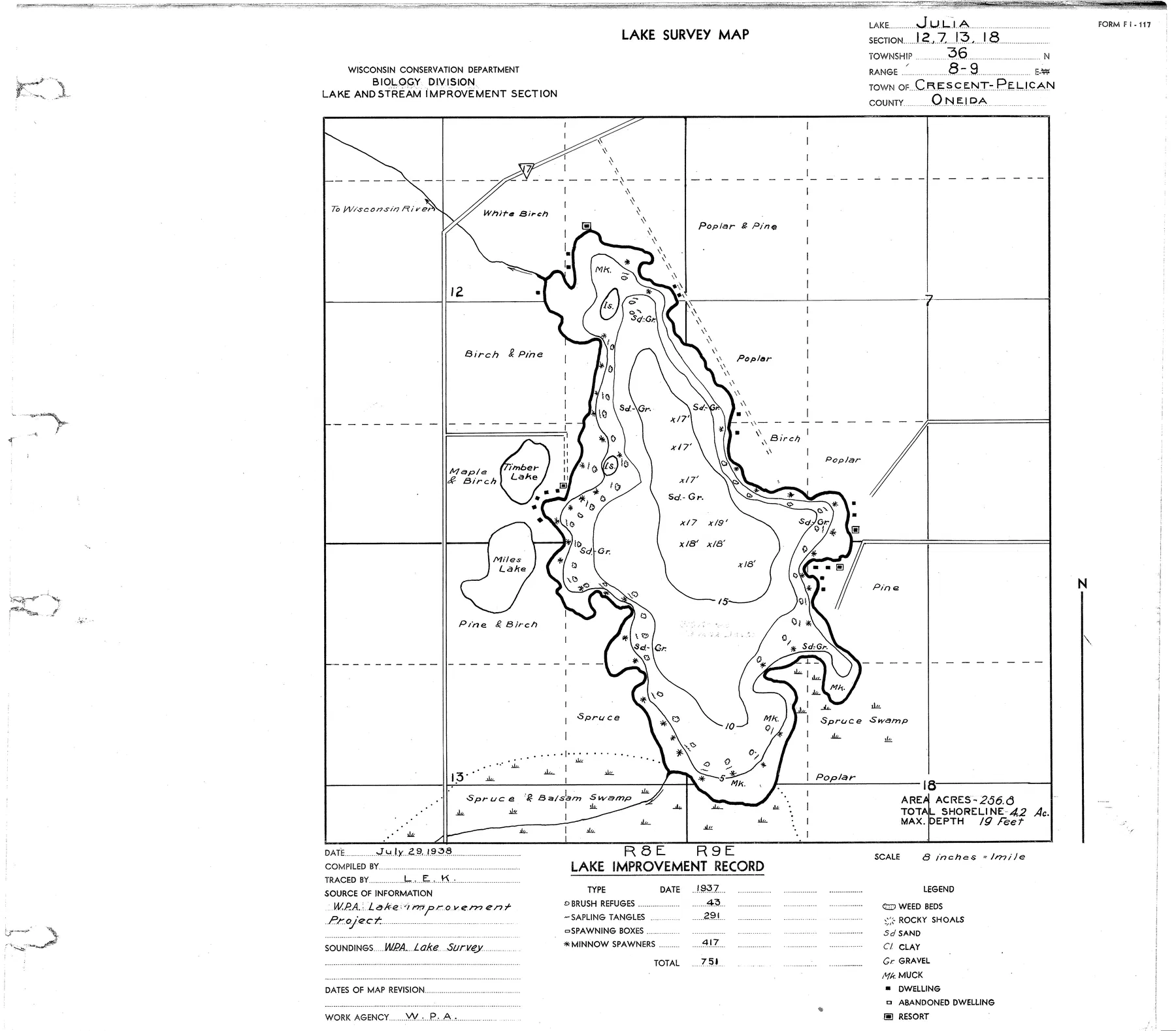 Lake Julia historical Wisconsin DNR depth map sheet 1