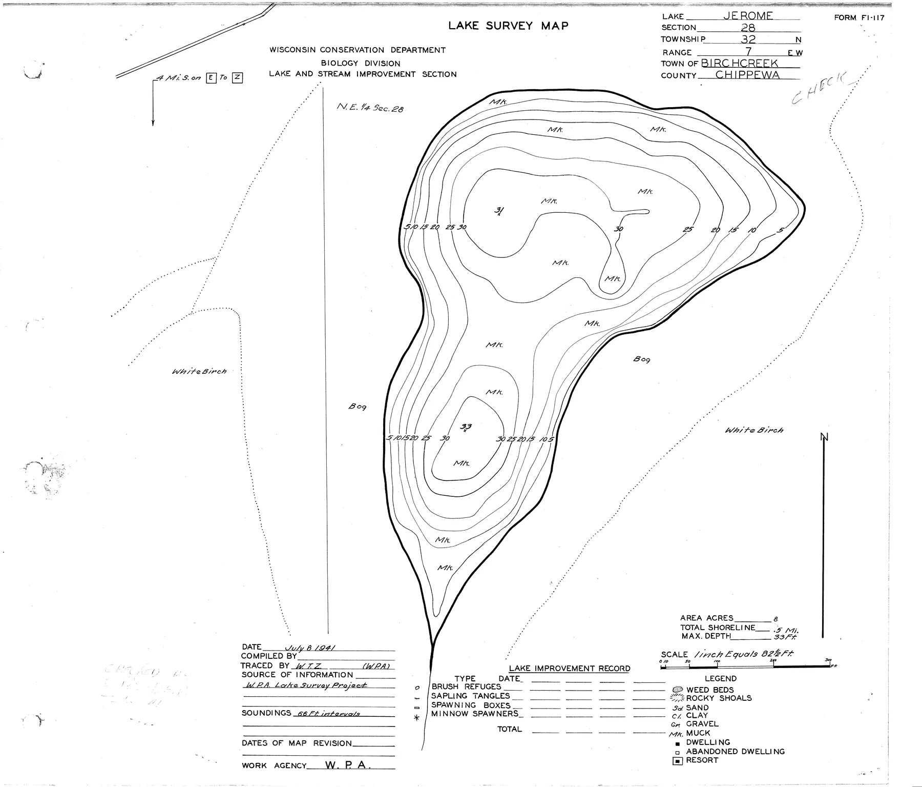 Jerome Lake historical Wisconsin DNR depth map sheet 1