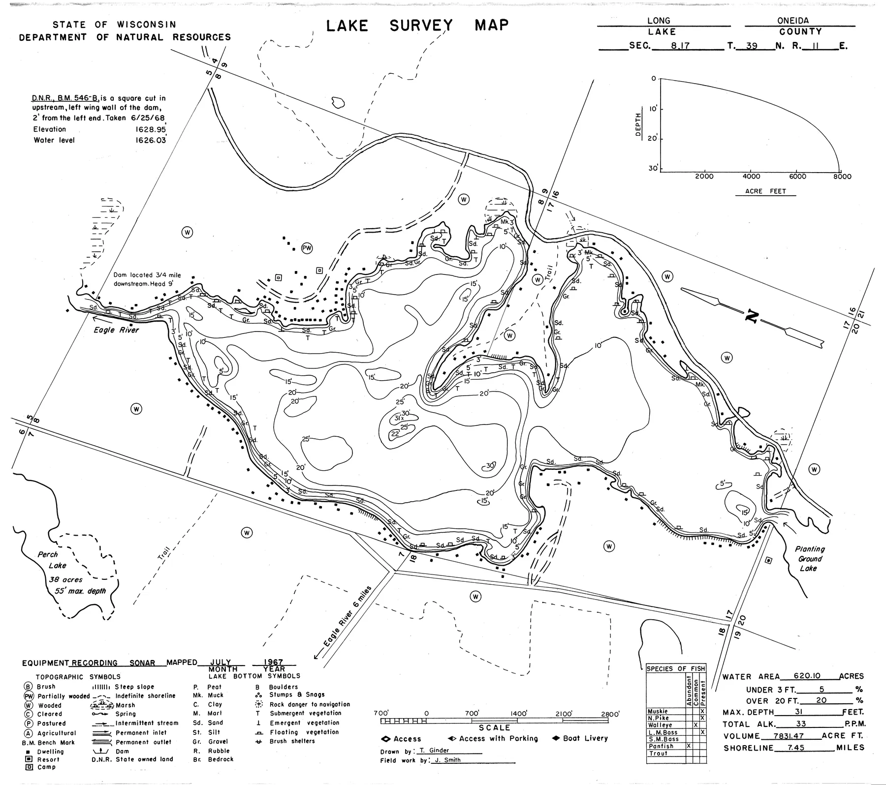 Long Lake historical Wisconsin DNR depth map sheet 1