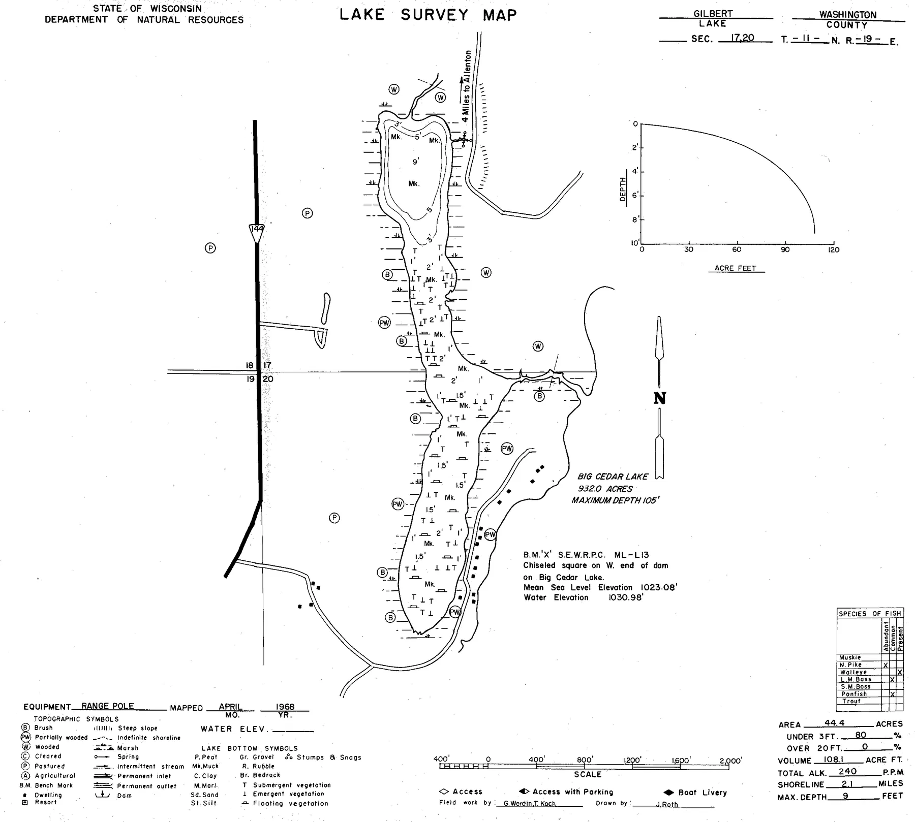 Gilbert Lake historical Wisconsin DNR depth map sheet 1