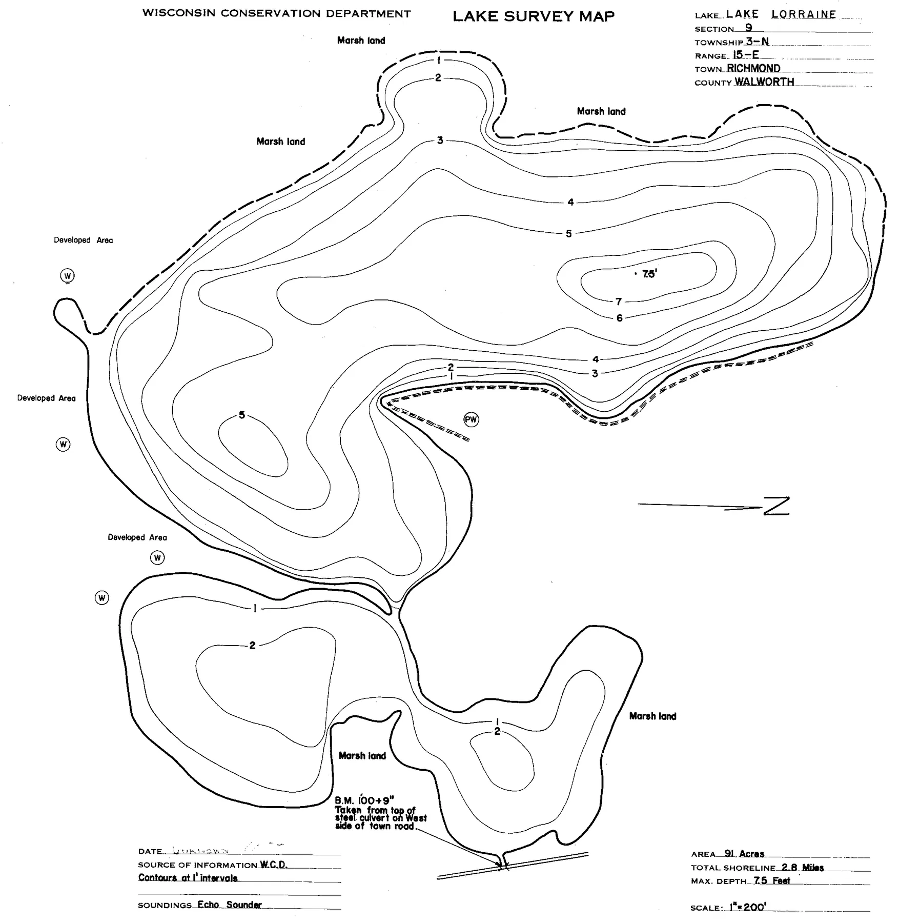 Lake Lorraine historical Wisconsin DNR depth map sheet 1