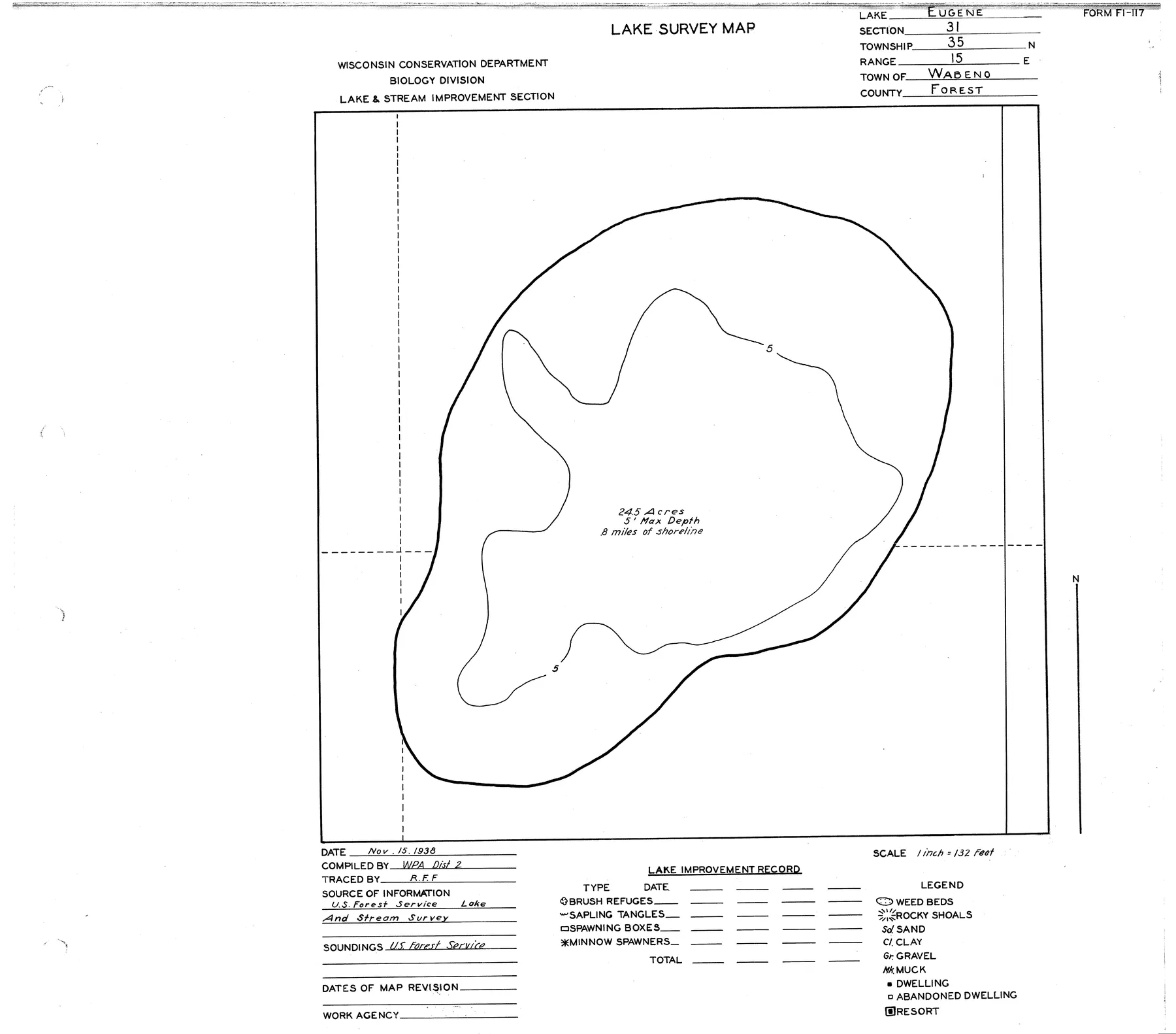 Eugene Lake historical Wisconsin DNR depth map sheet 1