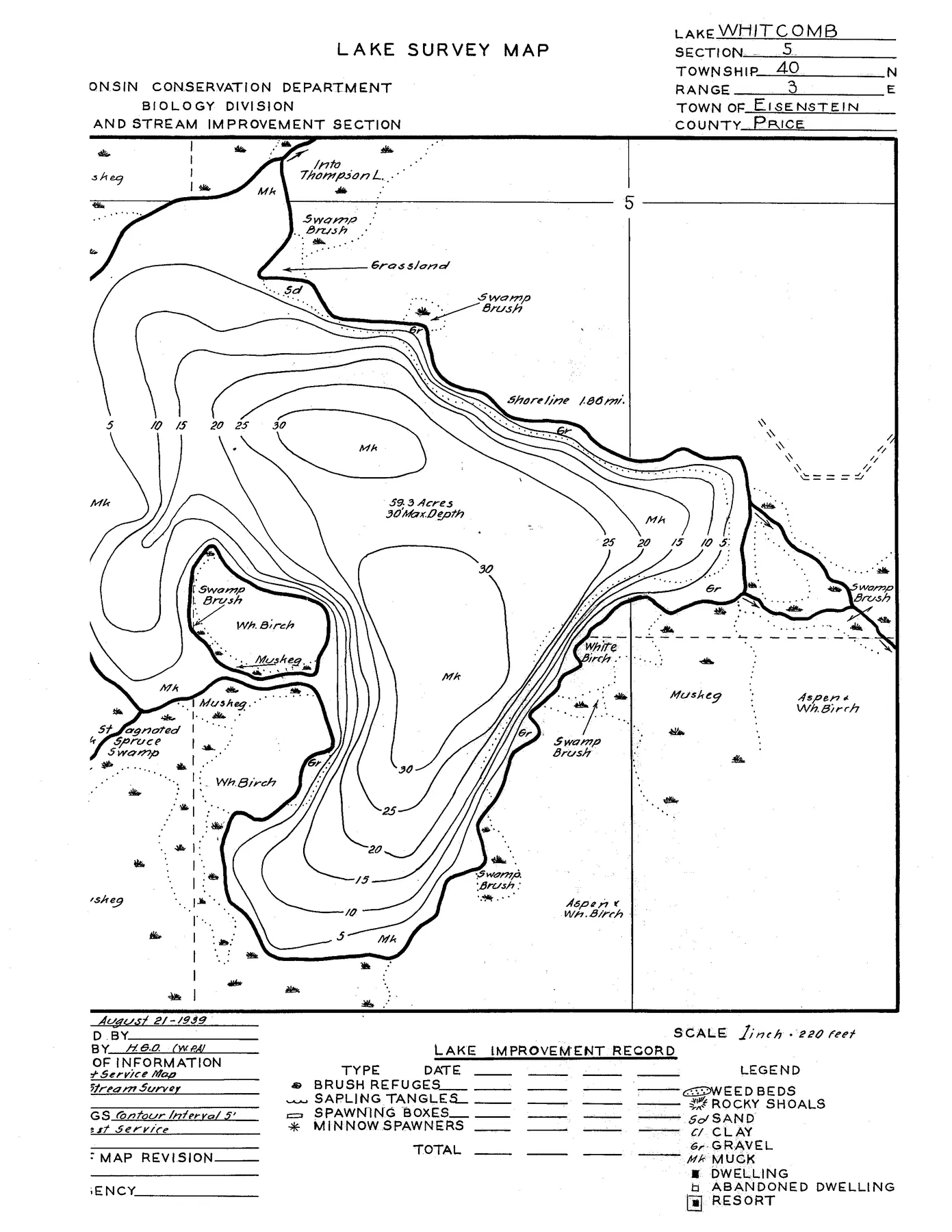 Whitcomb Lake historical Wisconsin DNR depth map sheet 1