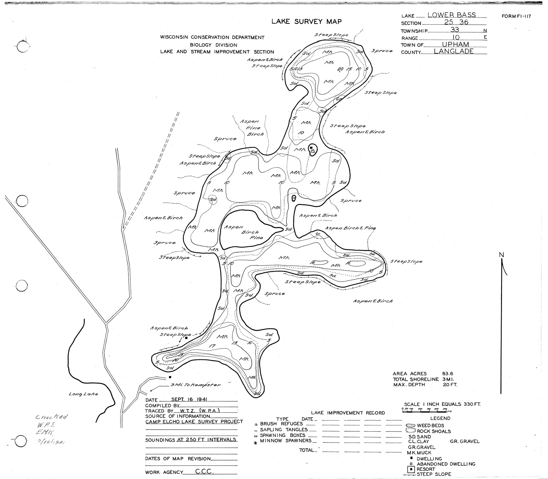 Lower Bass Lake historical Wisconsin DNR depth map sheet 1