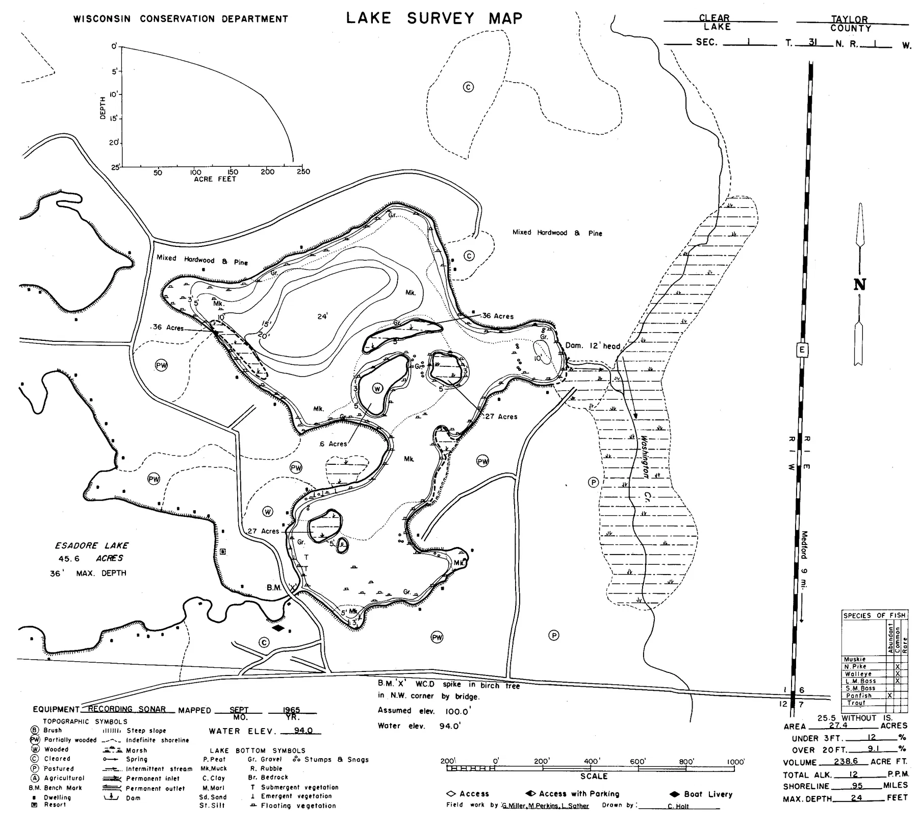 Clear Lake historical Wisconsin DNR depth map sheet 1