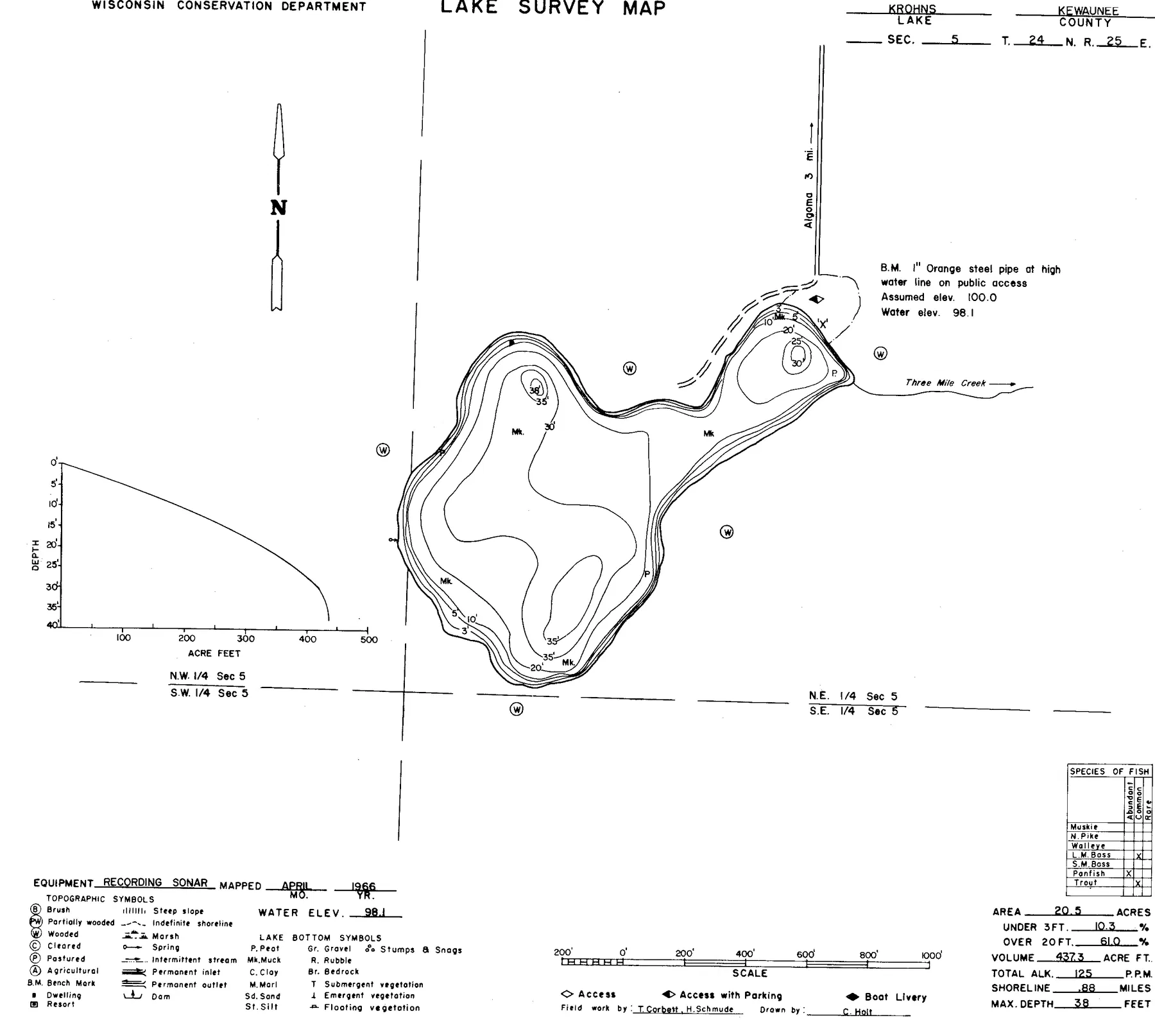 Krohns Lake historical Wisconsin DNR depth map sheet 1