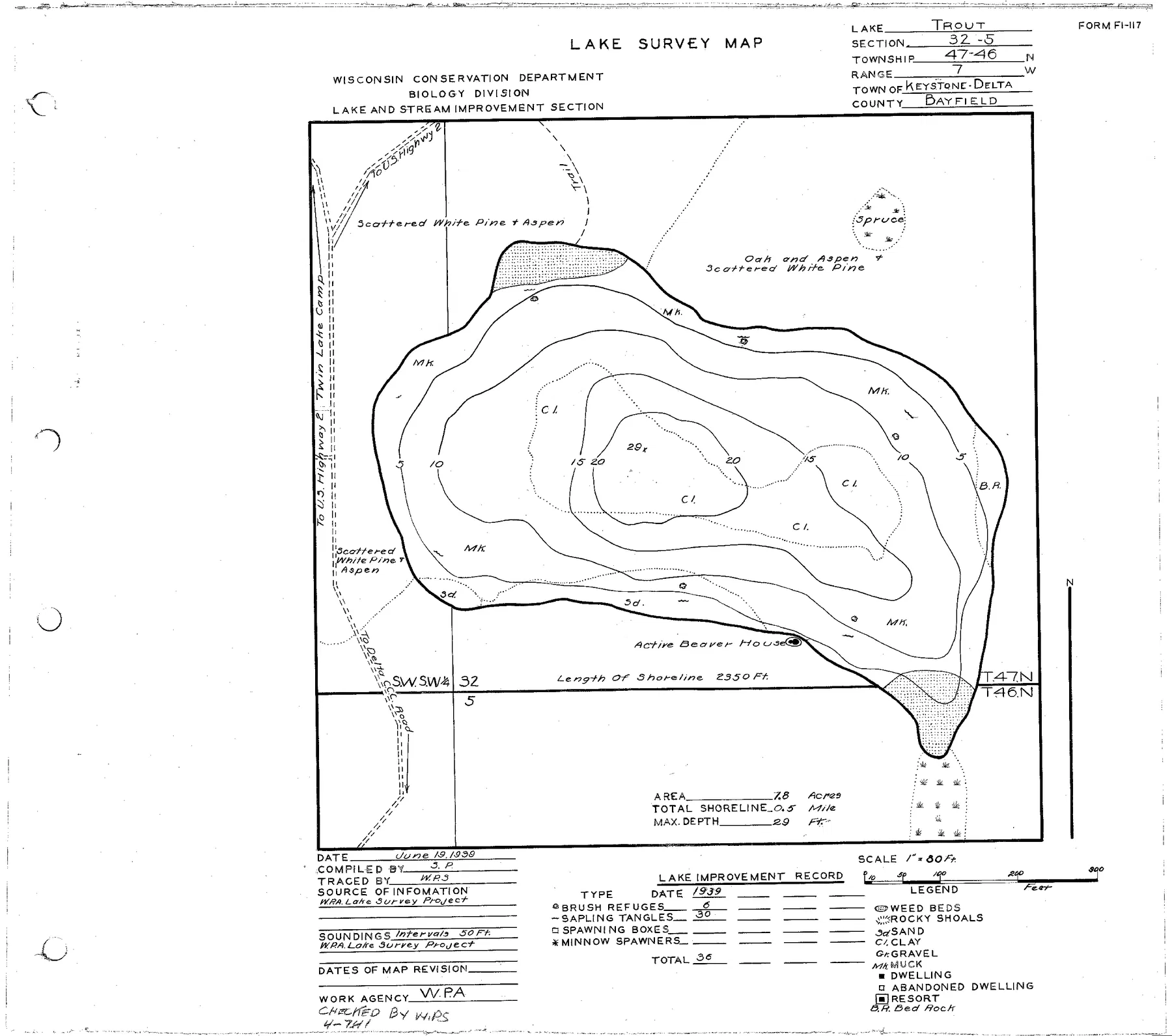 Trout Lake historical Wisconsin DNR depth map sheet 1