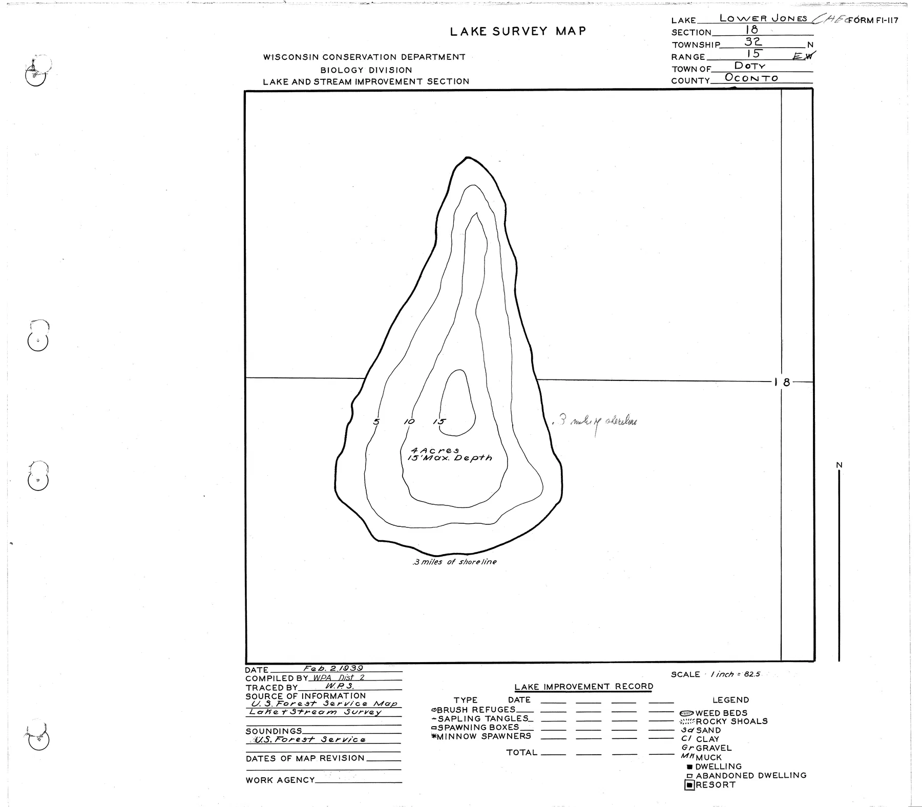 Lower Jones Lake historical Wisconsin DNR depth map sheet 1