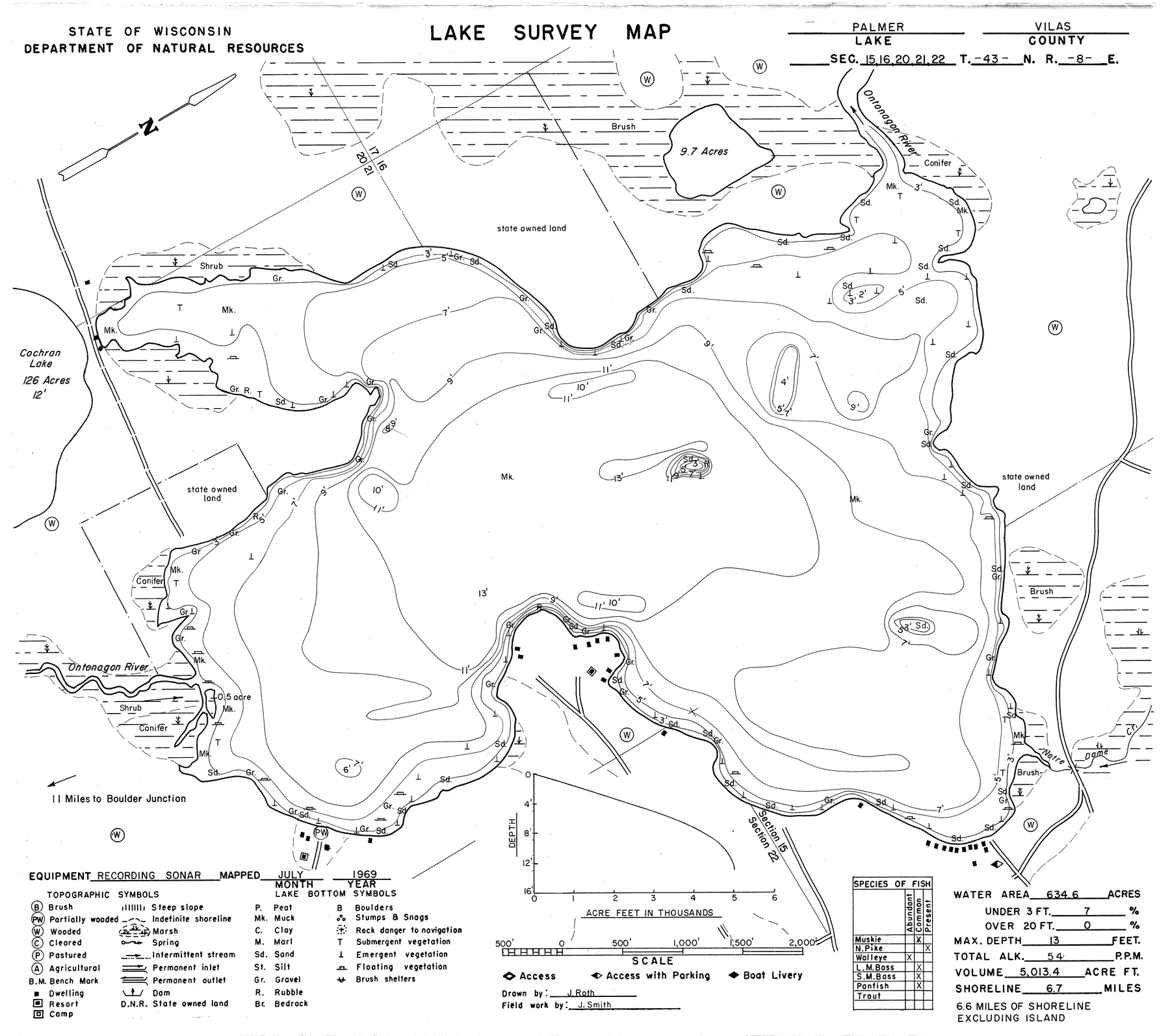 Palmer Lake historical Wisconsin DNR depth map sheet 1