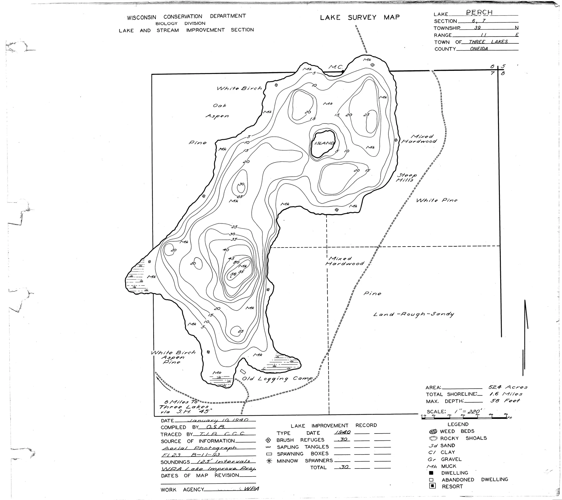 Perch Lake historical Wisconsin DNR depth map sheet 1
