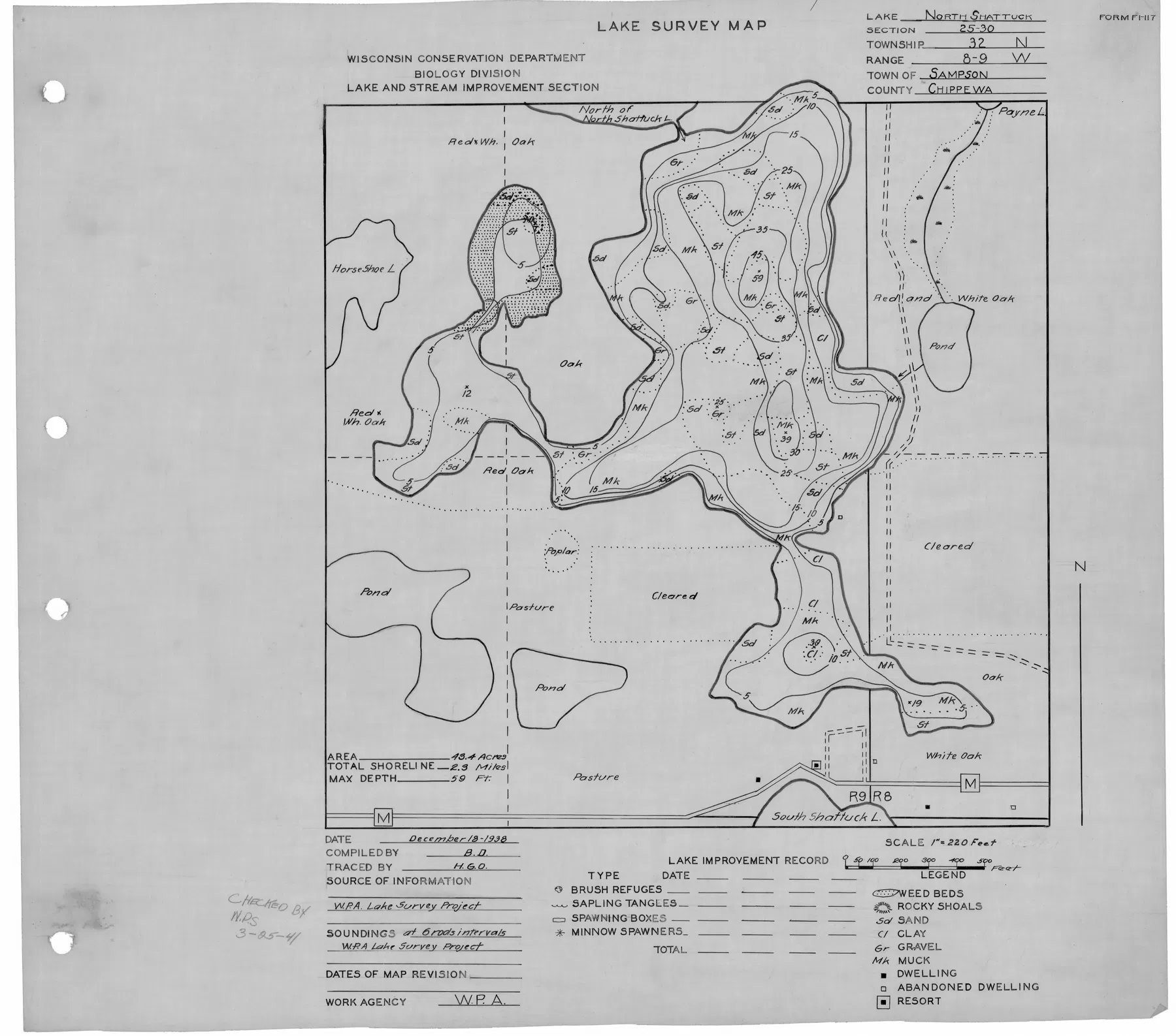 North Shattuck Lake historical Wisconsin DNR depth map sheet 1