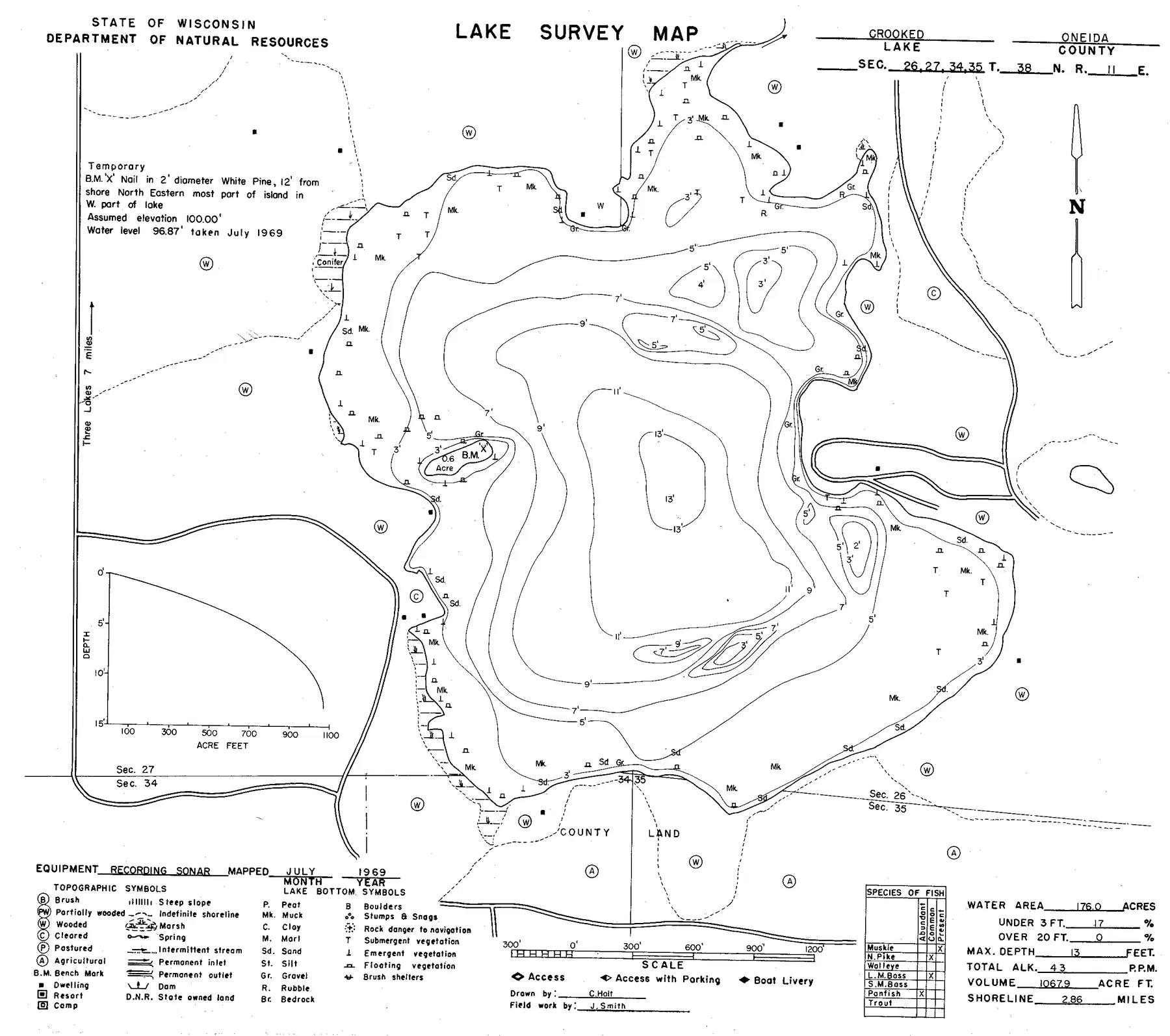 Crooked Lake historical Wisconsin DNR depth map sheet 1
