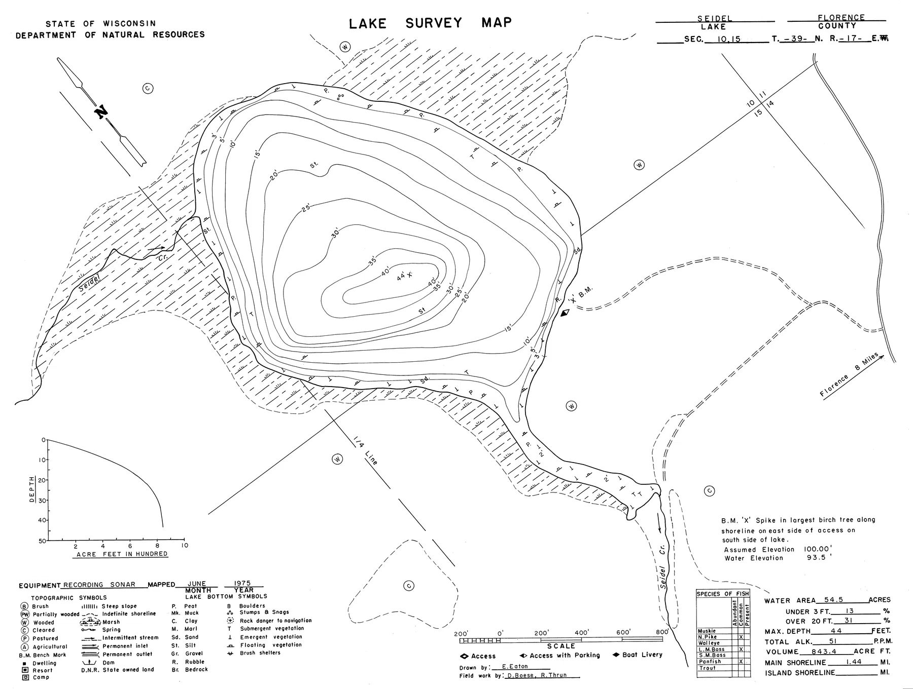 Seidel Lake historical Wisconsin DNR depth map sheet 1