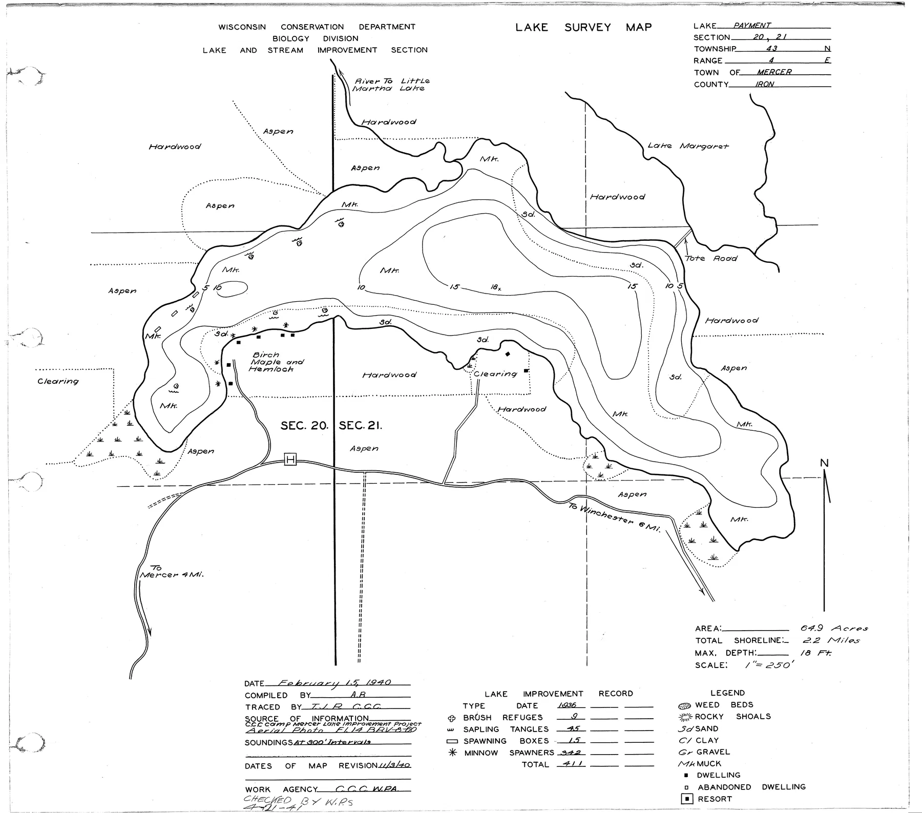 Payment Lake historical Wisconsin DNR depth map sheet 1