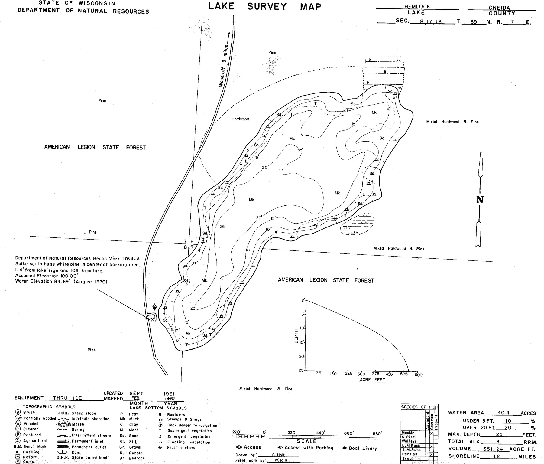 Hemlock Lake historical Wisconsin DNR depth map sheet 1