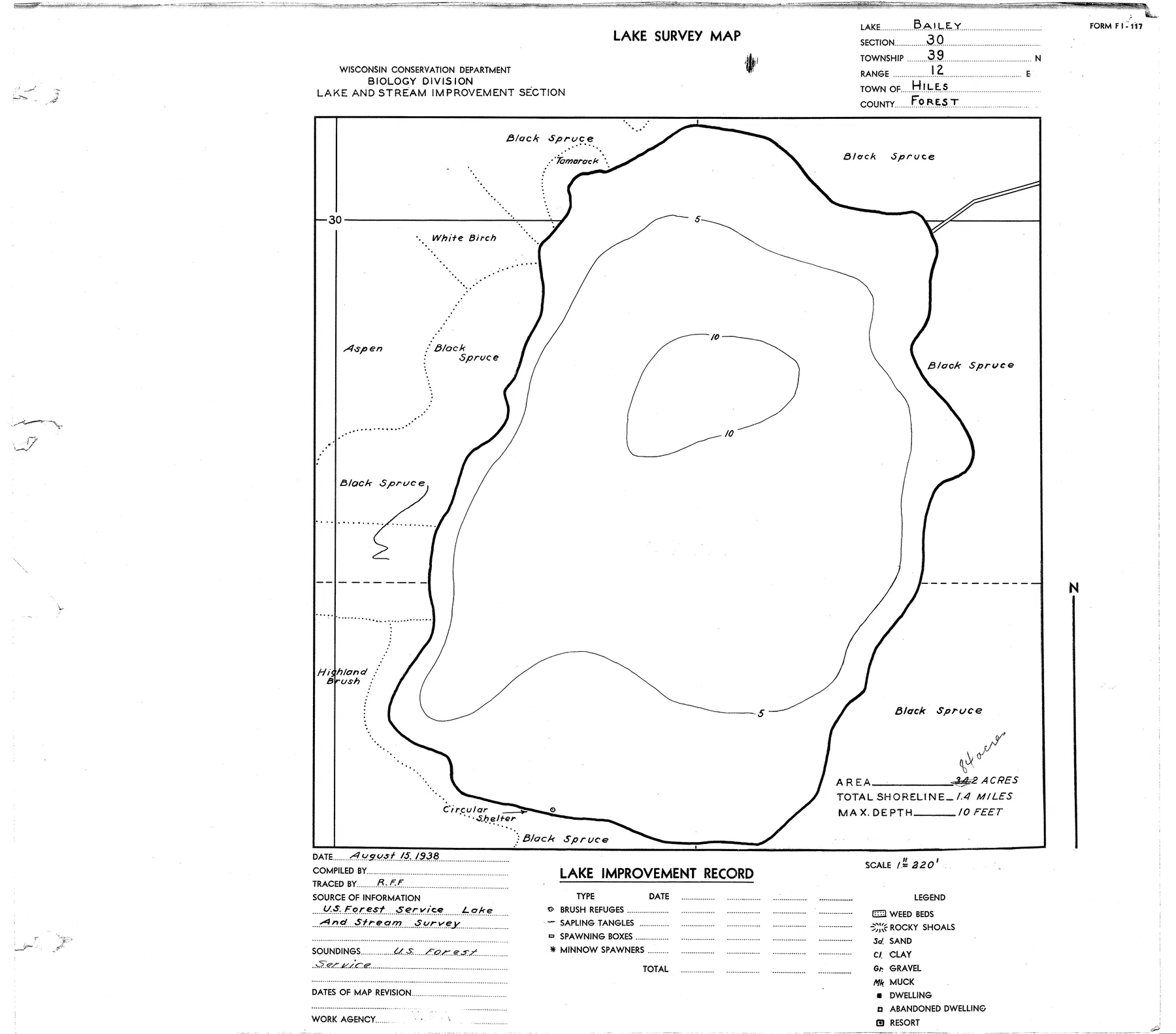 Bailey Lake historical Wisconsin DNR depth map sheet 1