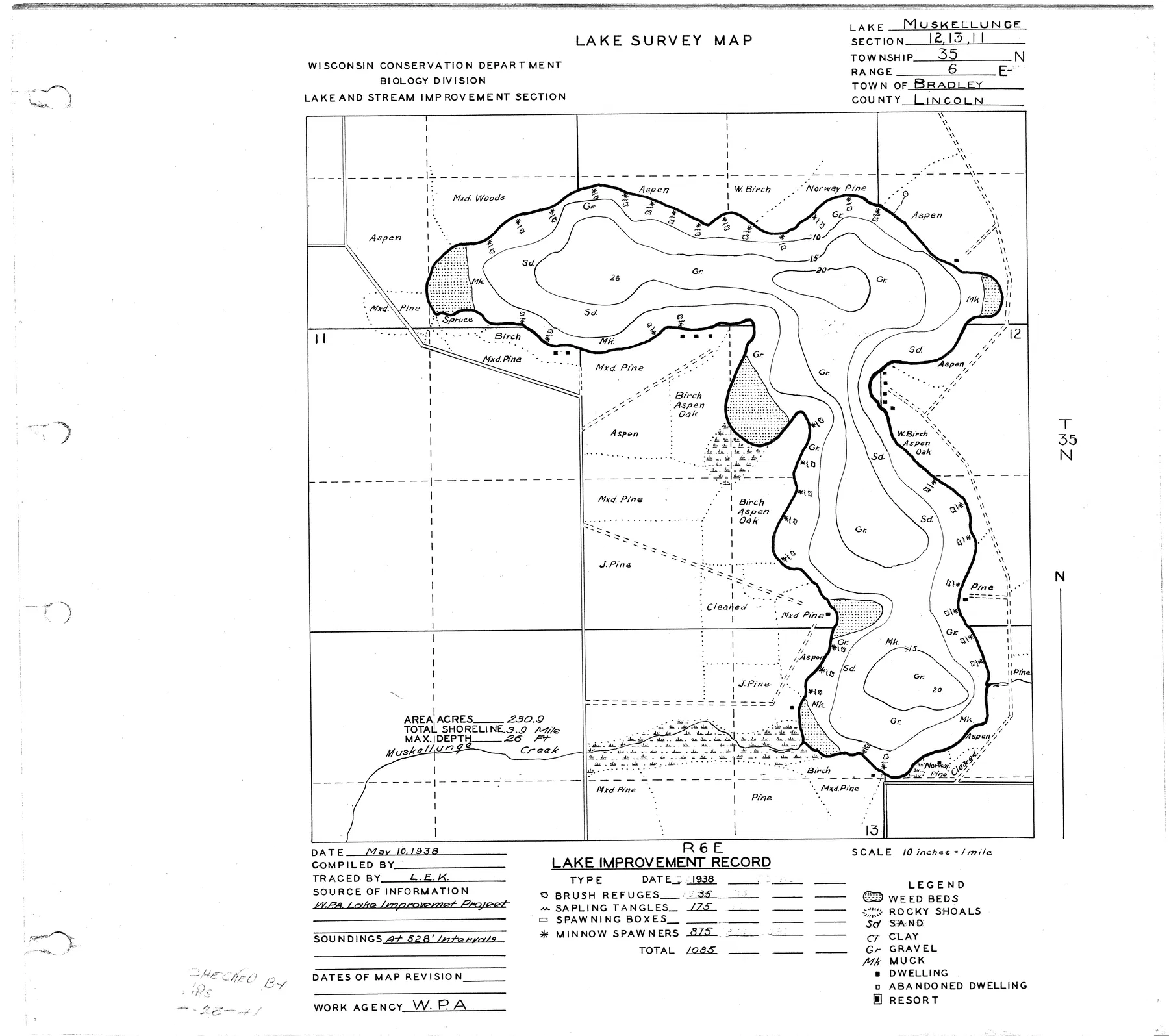Muskellunge Lake historical Wisconsin DNR depth map sheet 1