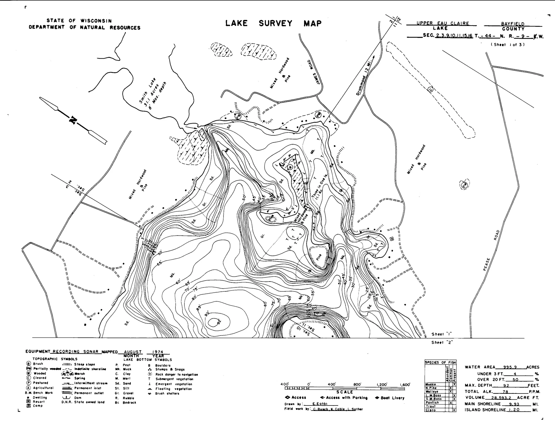 Upper Eau Claire Lake historical Wisconsin DNR depth map sheet 1