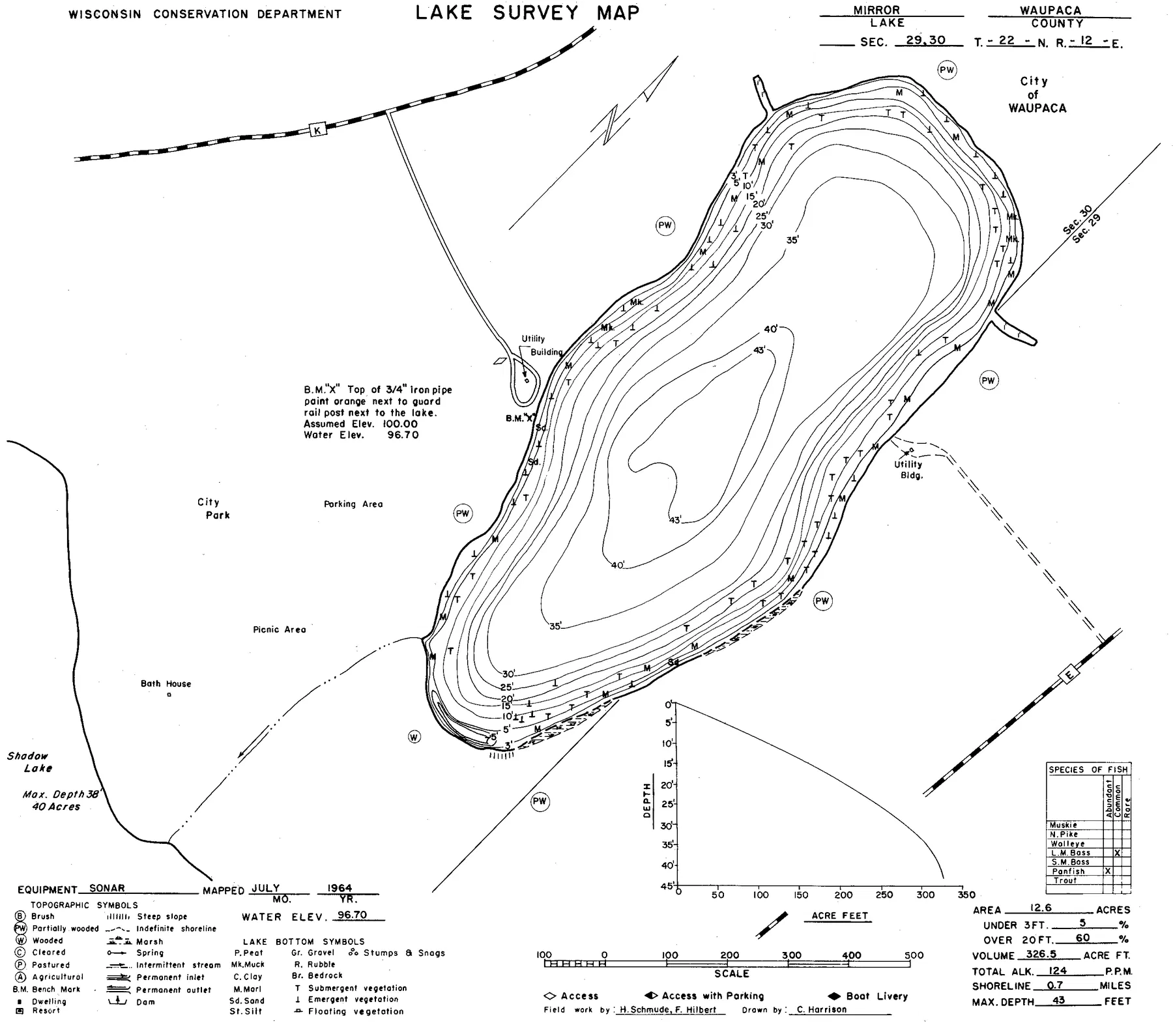Mirror Lake historical Wisconsin DNR depth map sheet 1