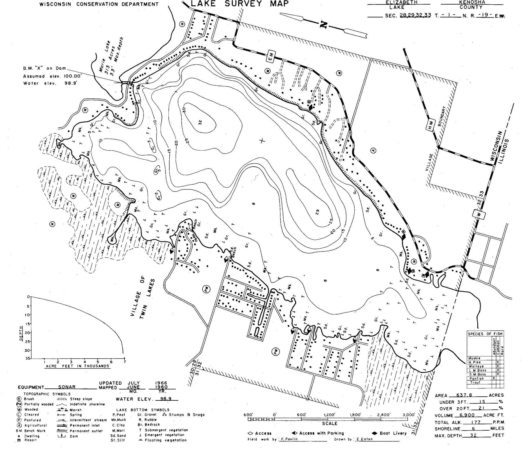 Elizabeth Lake historical Wisconsin DNR depth map sheet 1
