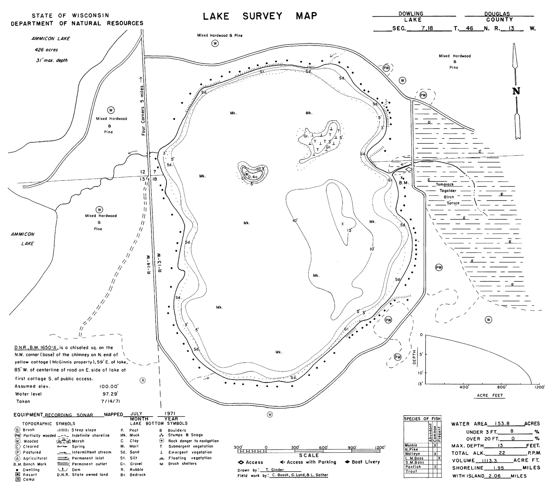 Dowling Lake historical Wisconsin DNR depth map sheet 1