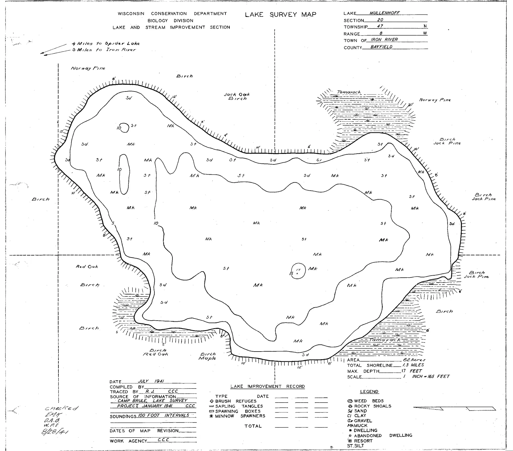 Mullenhoff Lake historical Wisconsin DNR depth map sheet 1