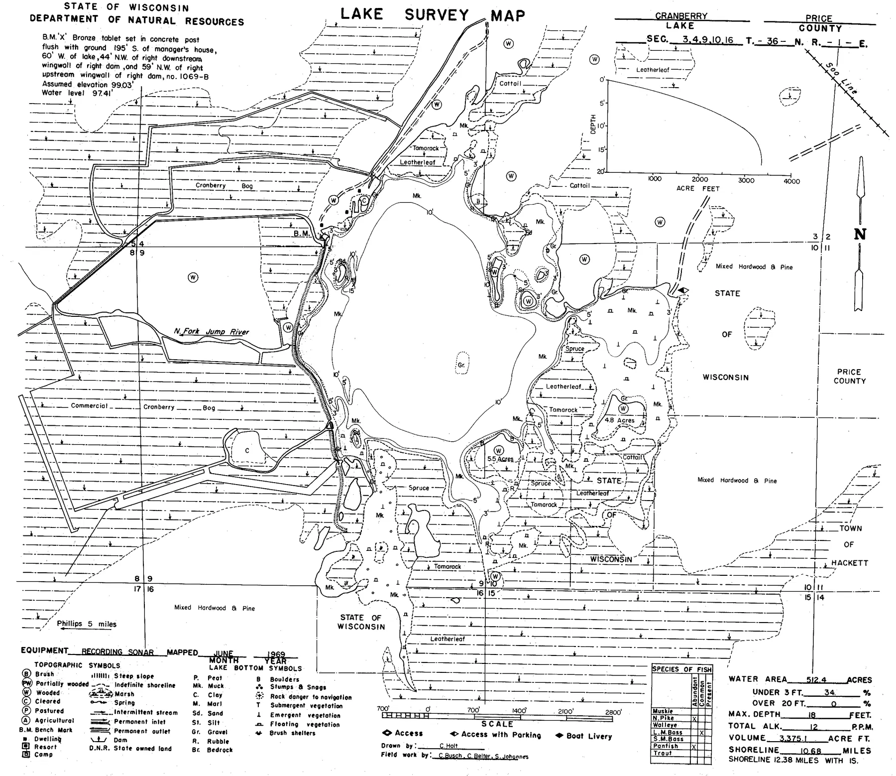 Cranberry Lake historical Wisconsin DNR depth map sheet 1