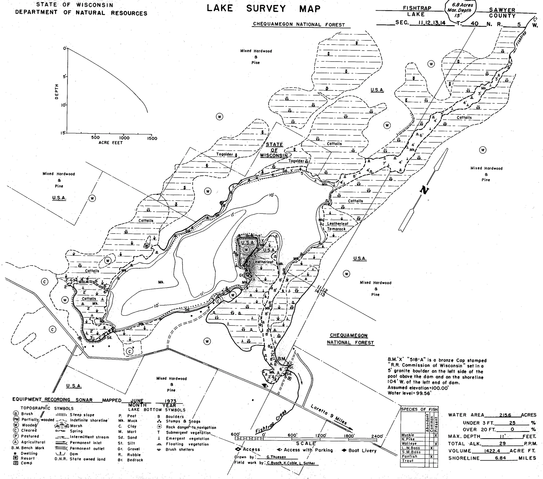 Fishtrap Lake historical Wisconsin DNR depth map sheet 1