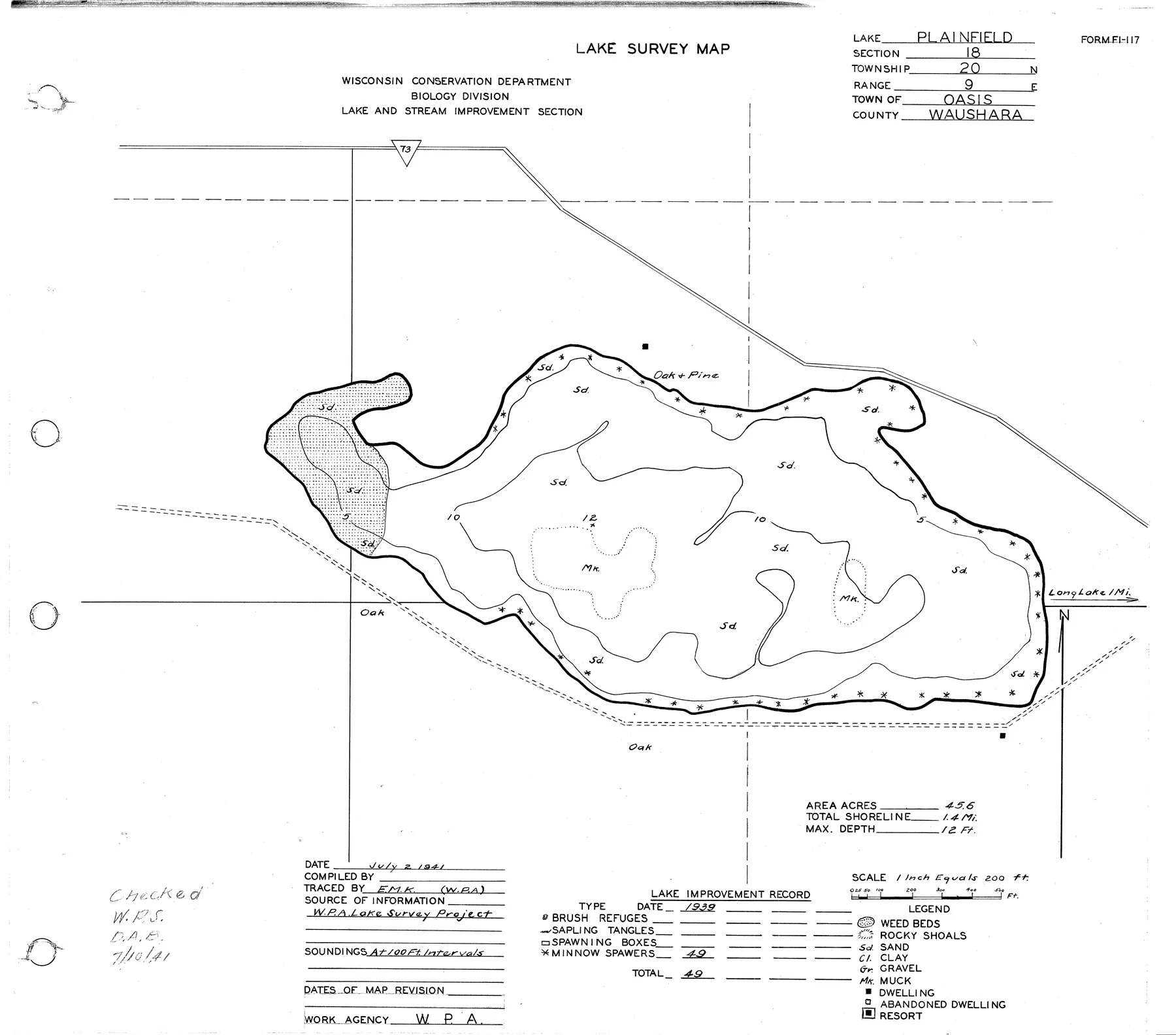 Plainfield Lake historical Wisconsin DNR depth map sheet 1