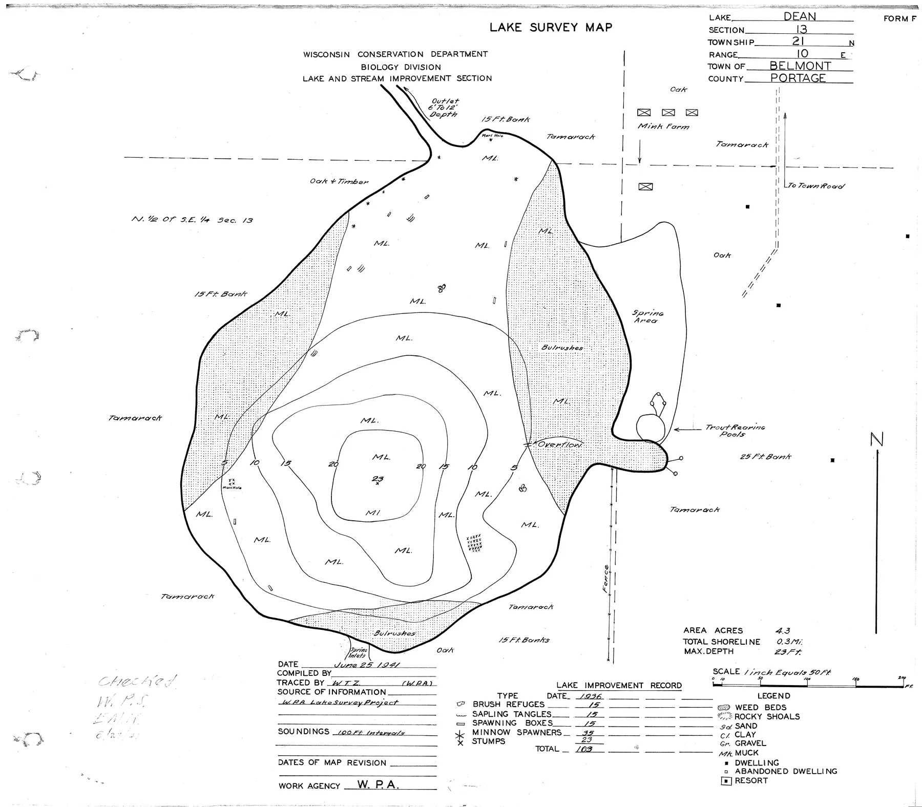 Deans Lake historical Wisconsin DNR depth map sheet 1
