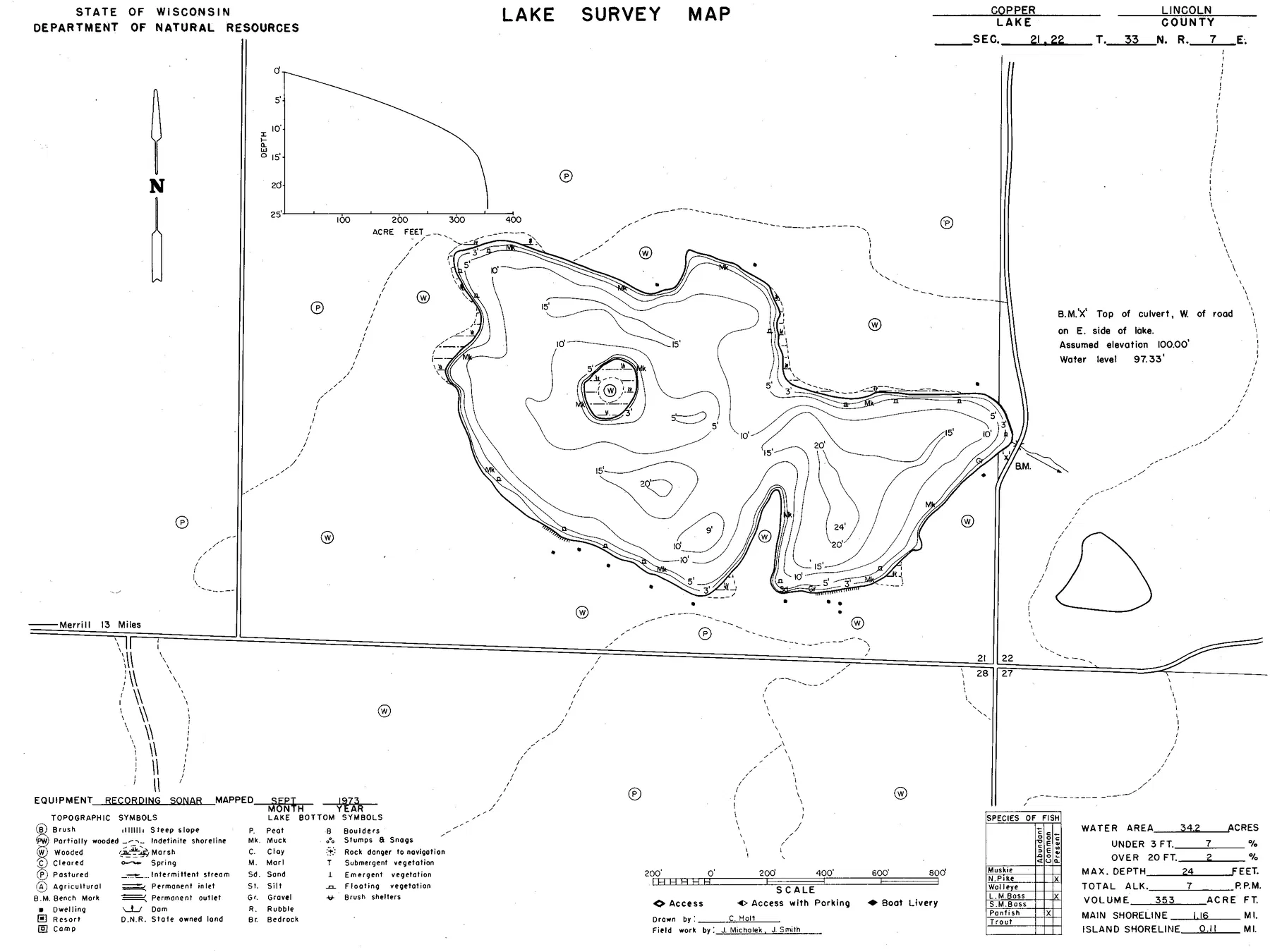 Copper Lake historical Wisconsin DNR depth map sheet 1
