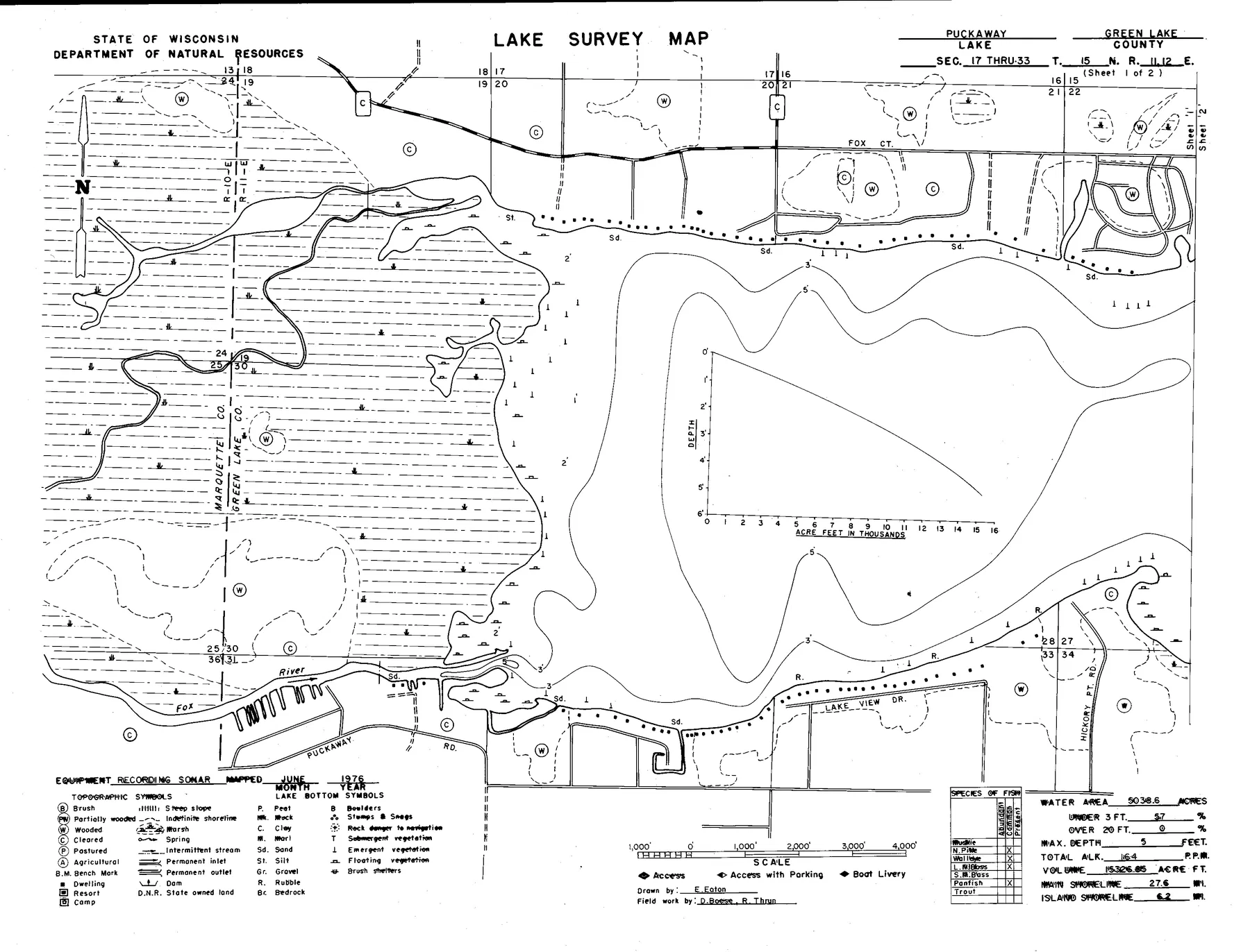 Puckaway Lake historical Wisconsin DNR depth map sheet 1